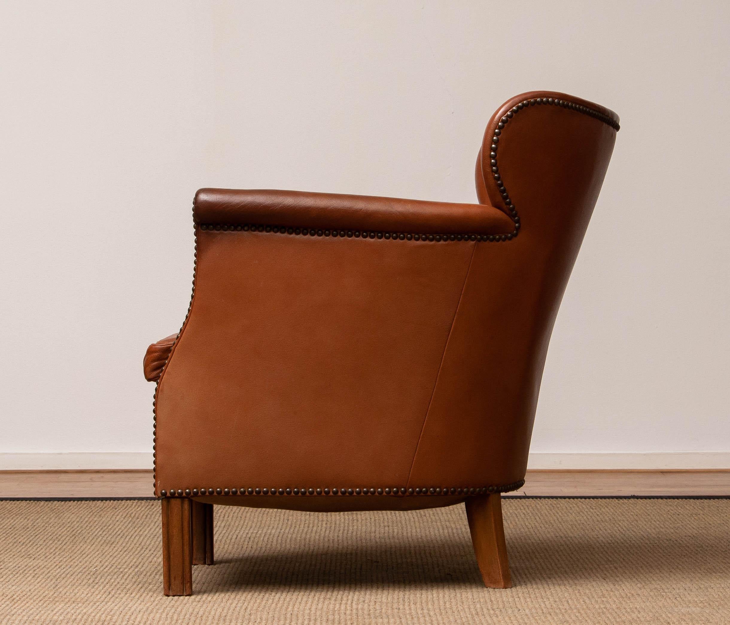 1940's Scandinavian Tan / Brown Nailed Leather Club / Cigar Chair from Denmark 3