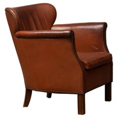 1940's Scandinavian Tan / Brown Nailed Leather Club / Cigar Chair from Denmark