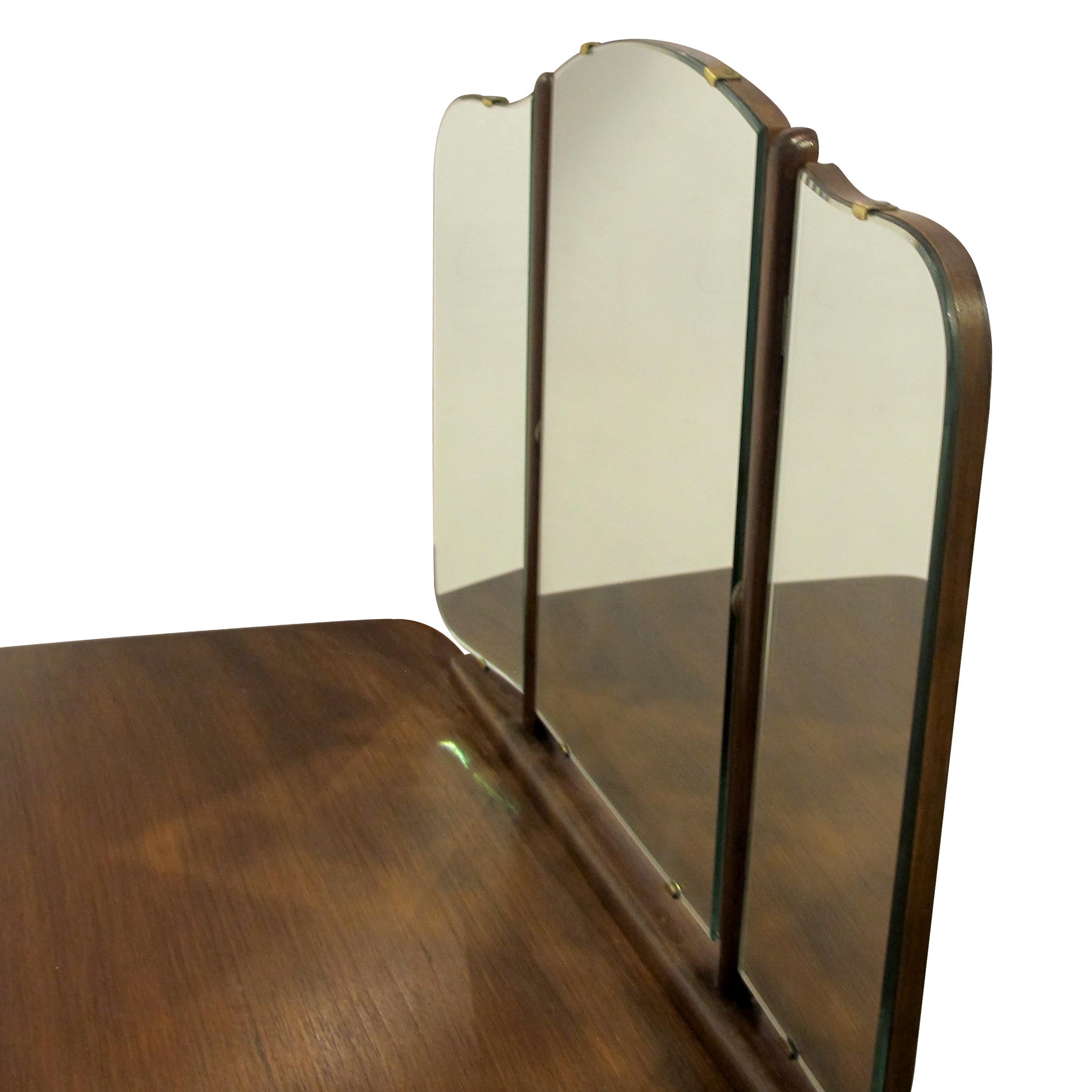 1940s Scandinavian Vanity Triptych Mirror Dressing Table & Brass Handles In Good Condition In London, GB