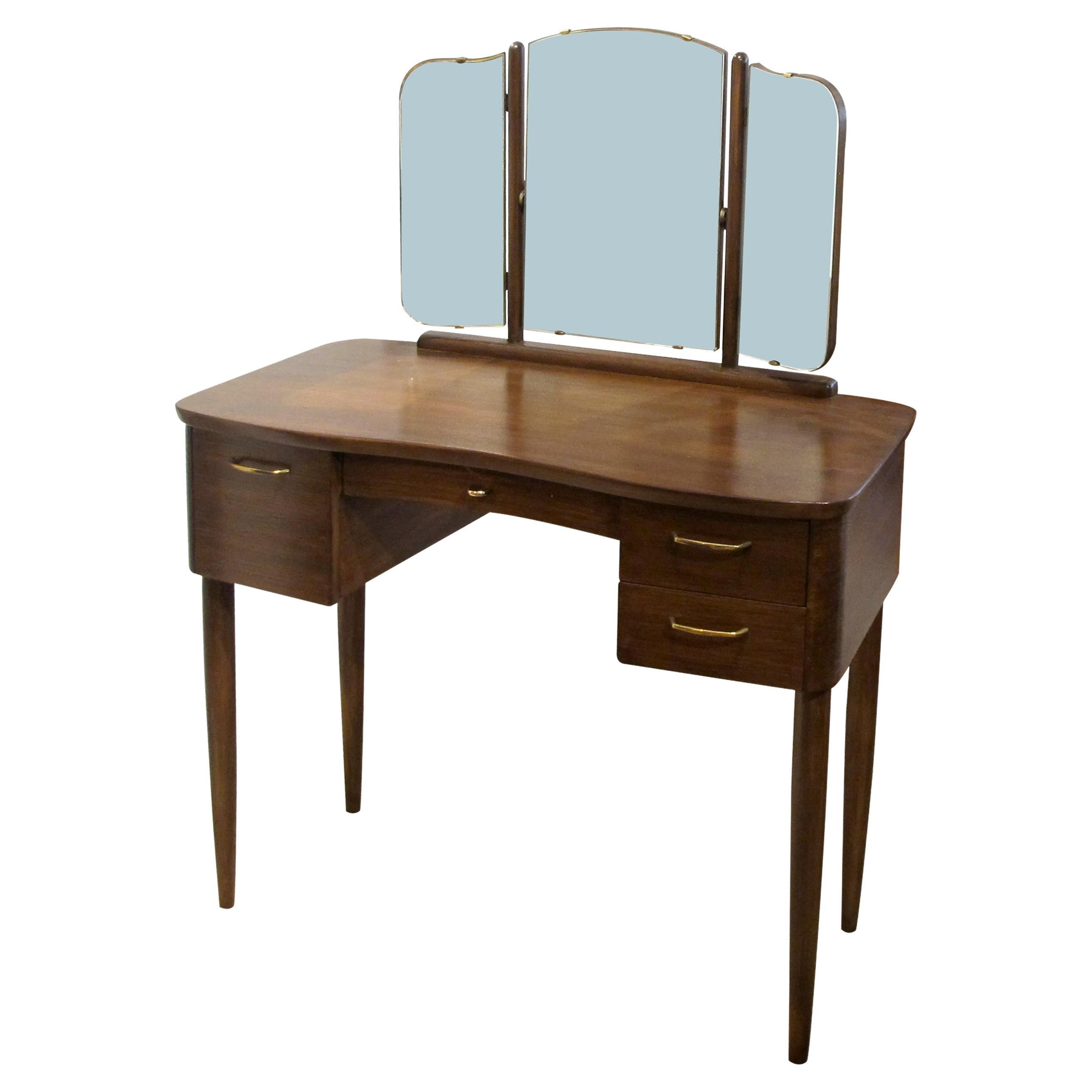 1940s Scandinavian Vanity Triptych Mirror Dressing Table & Brass Handles