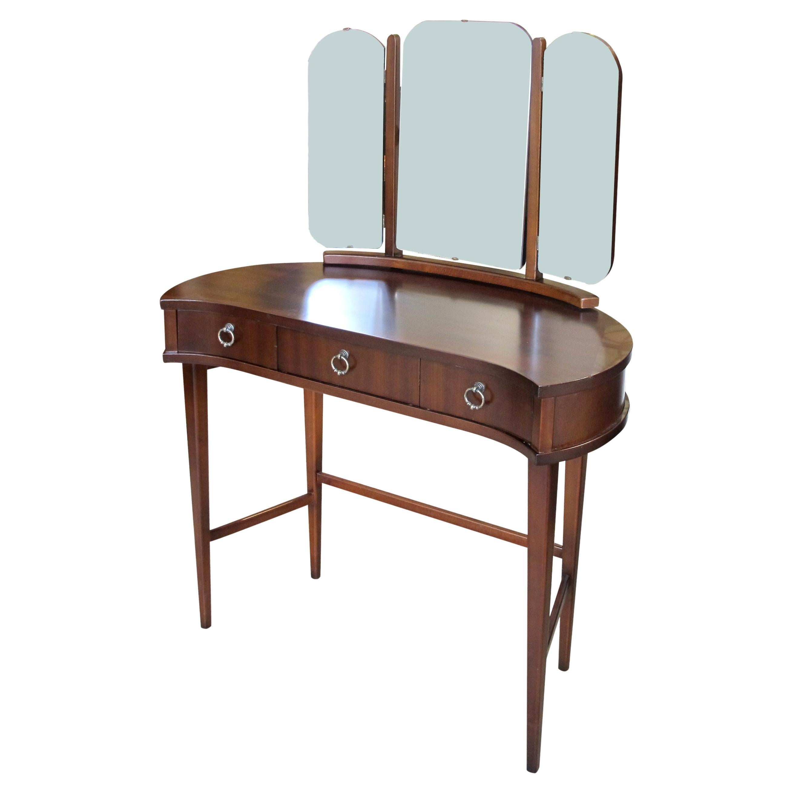 1940s Scandinavian Vanity Walnut Dressing Table with Triptych Mirror