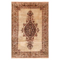 1940s ScattIer Ivory Medallion Diamond Antique Qum Silk Handknotted Wool Rug