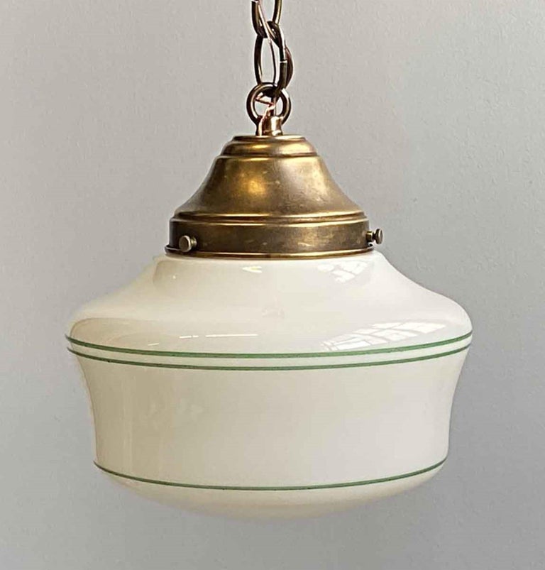 1940s Schoolhouse Globe Pendant Light with Green Stripes and Brass
