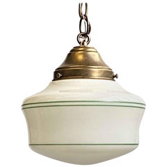 1940s Schoolhouse Globe Pendant Light with Green Stripes and Brass Hardware