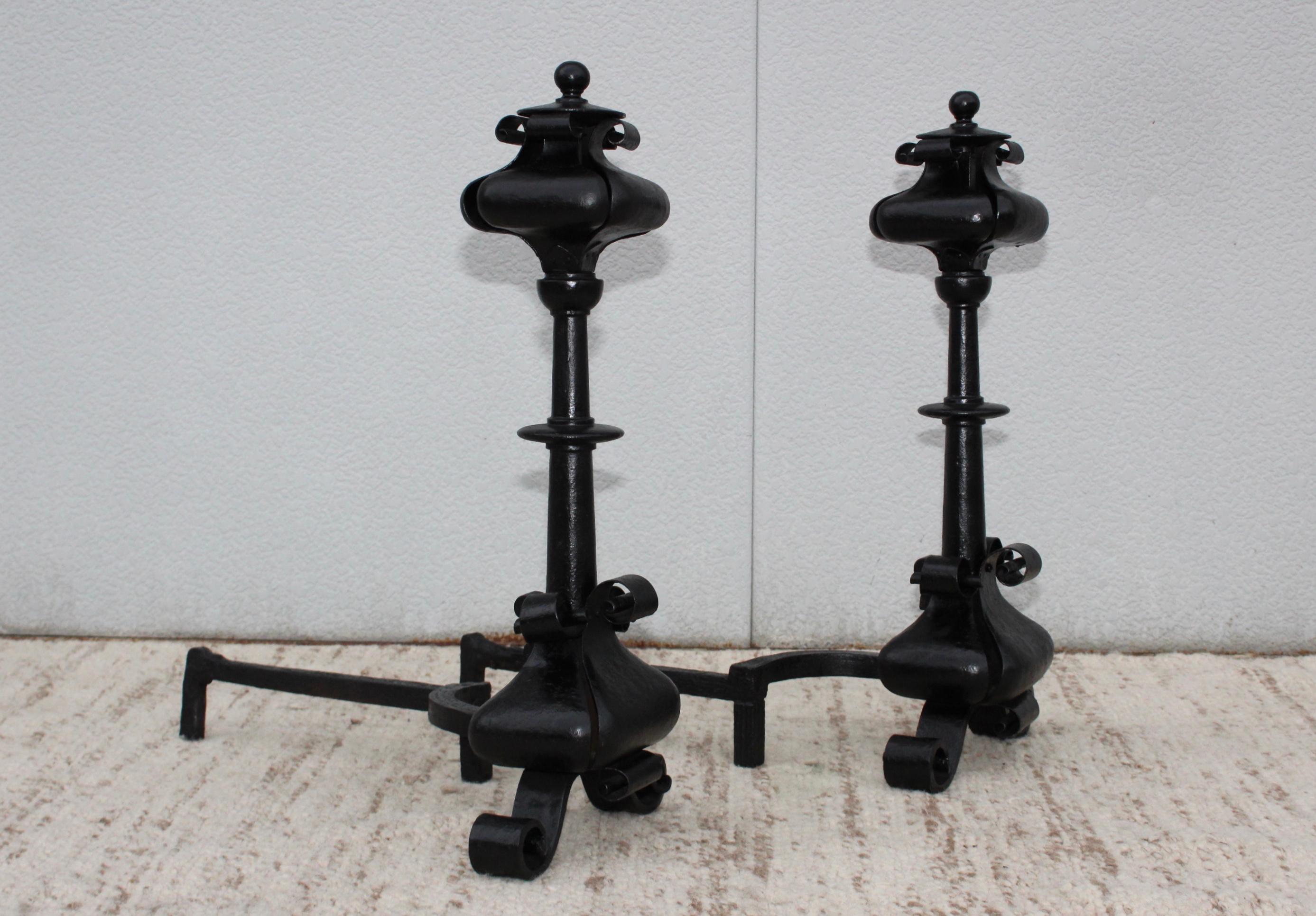 Arts and Crafts 1940s Scrolled Iron Oversize Andirons For Sale