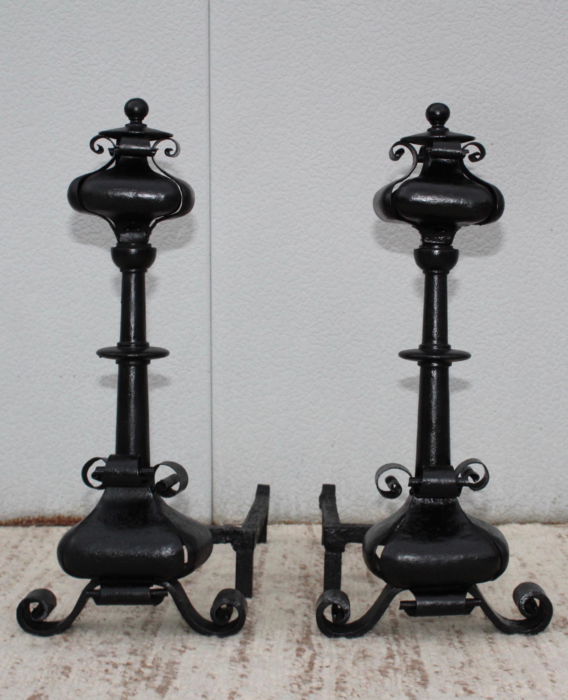 American 1940s Scrolled Iron Oversize Andirons For Sale