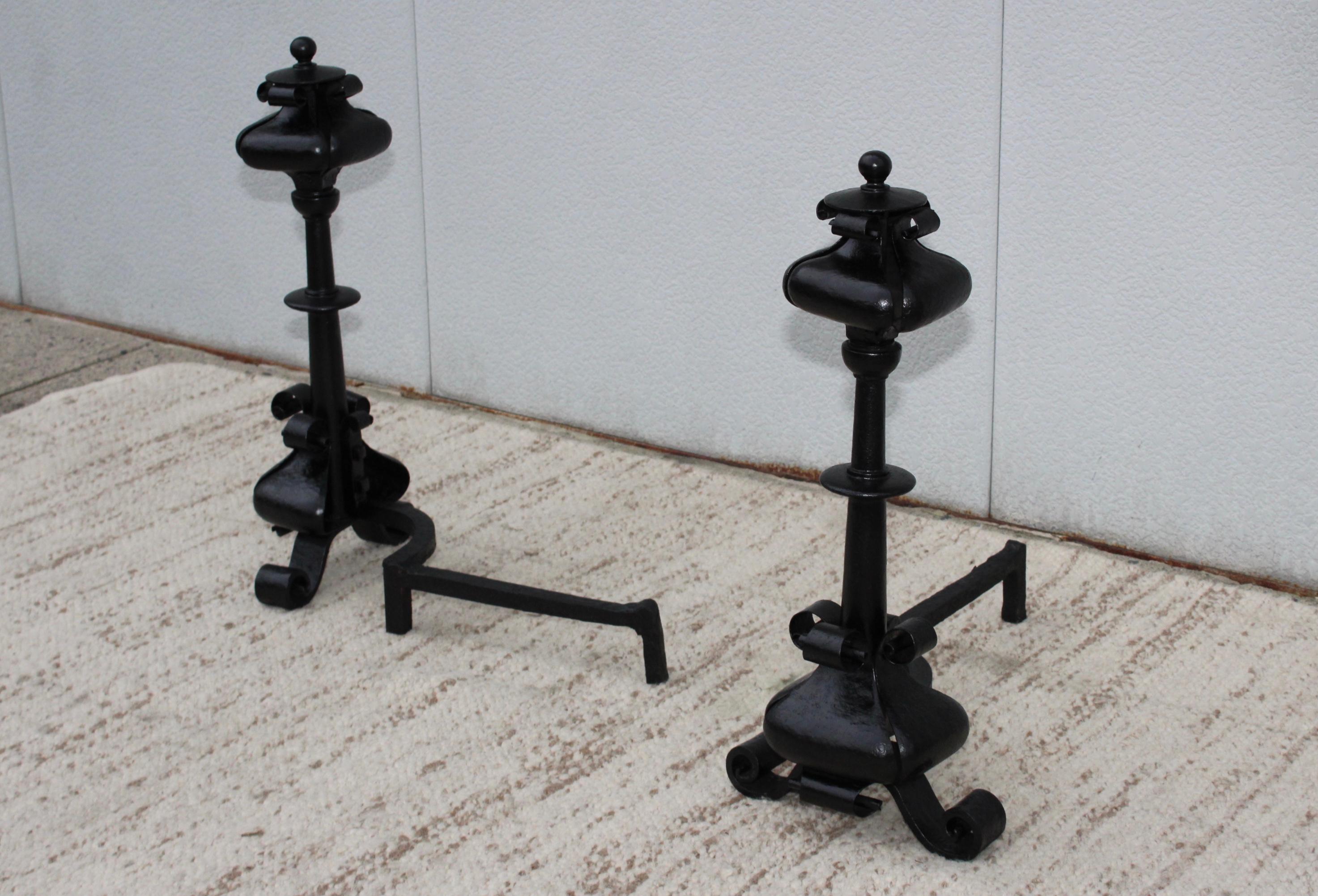 1940s Scrolled Iron Oversize Andirons For Sale 2