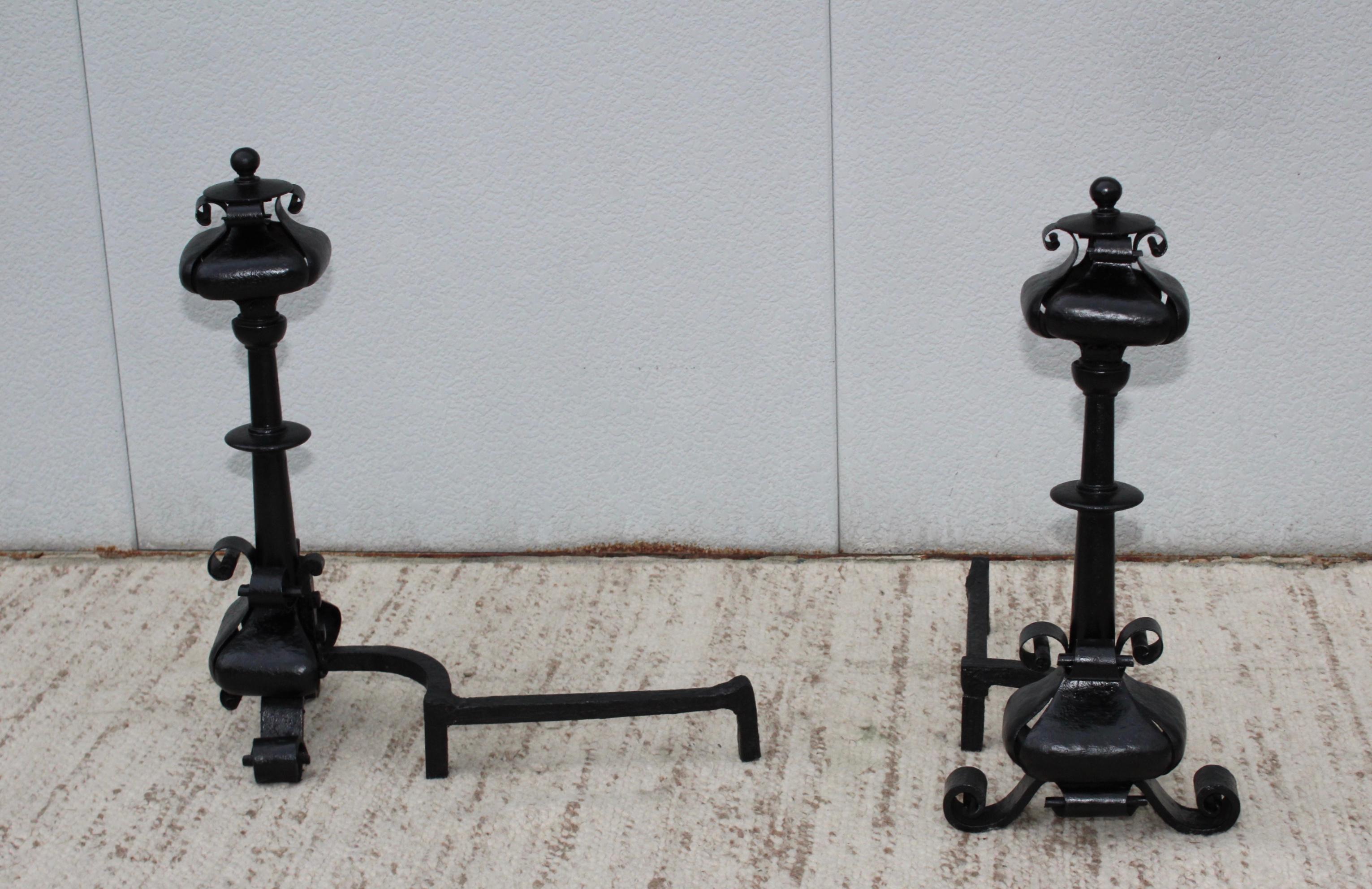 1940s Scrolled Iron Oversize Andirons For Sale 3