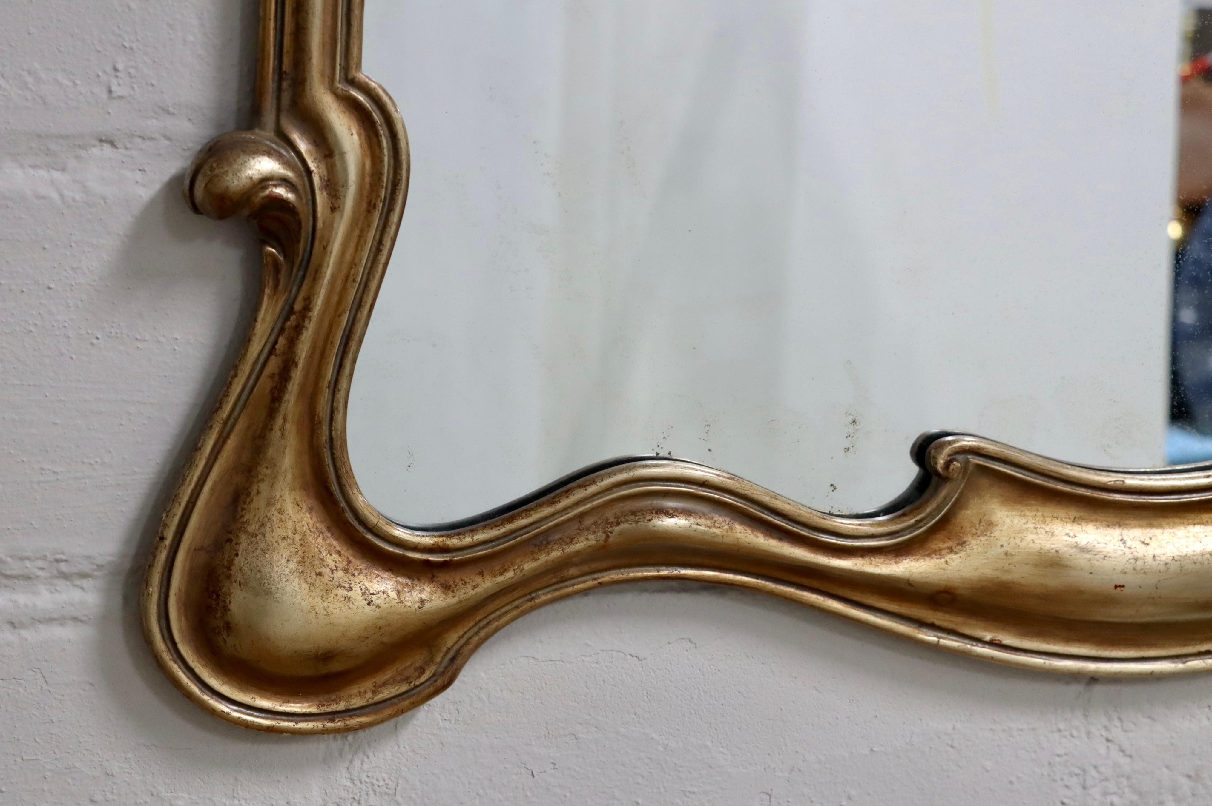 Art Deco 1940's Sculptural Large Gold And Silver Italian Wall Mirror For Sale