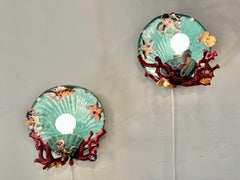 1940's Sea Life Italian Maiolica Wall Sconces, Pair