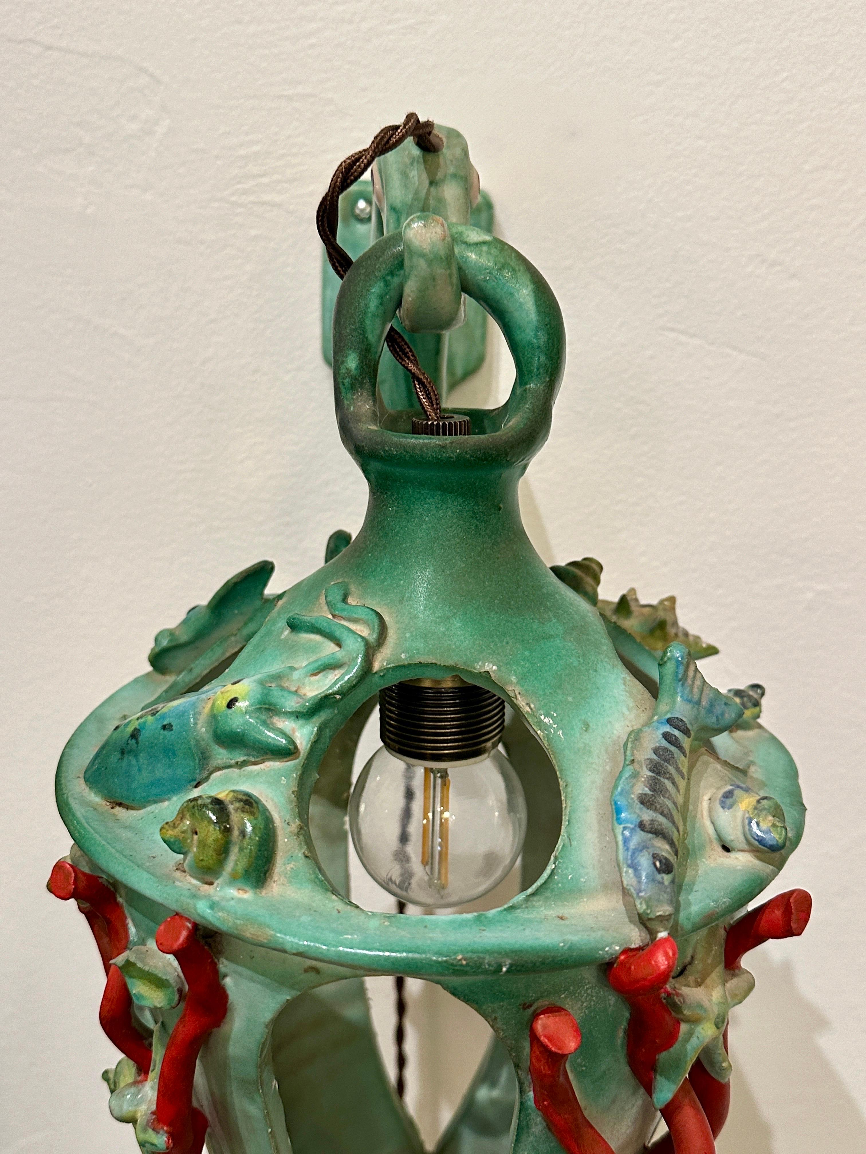 1940's Sea Life Maiolica Illuminated Lantern by C.A.S. Vietri Italy For Sale 11