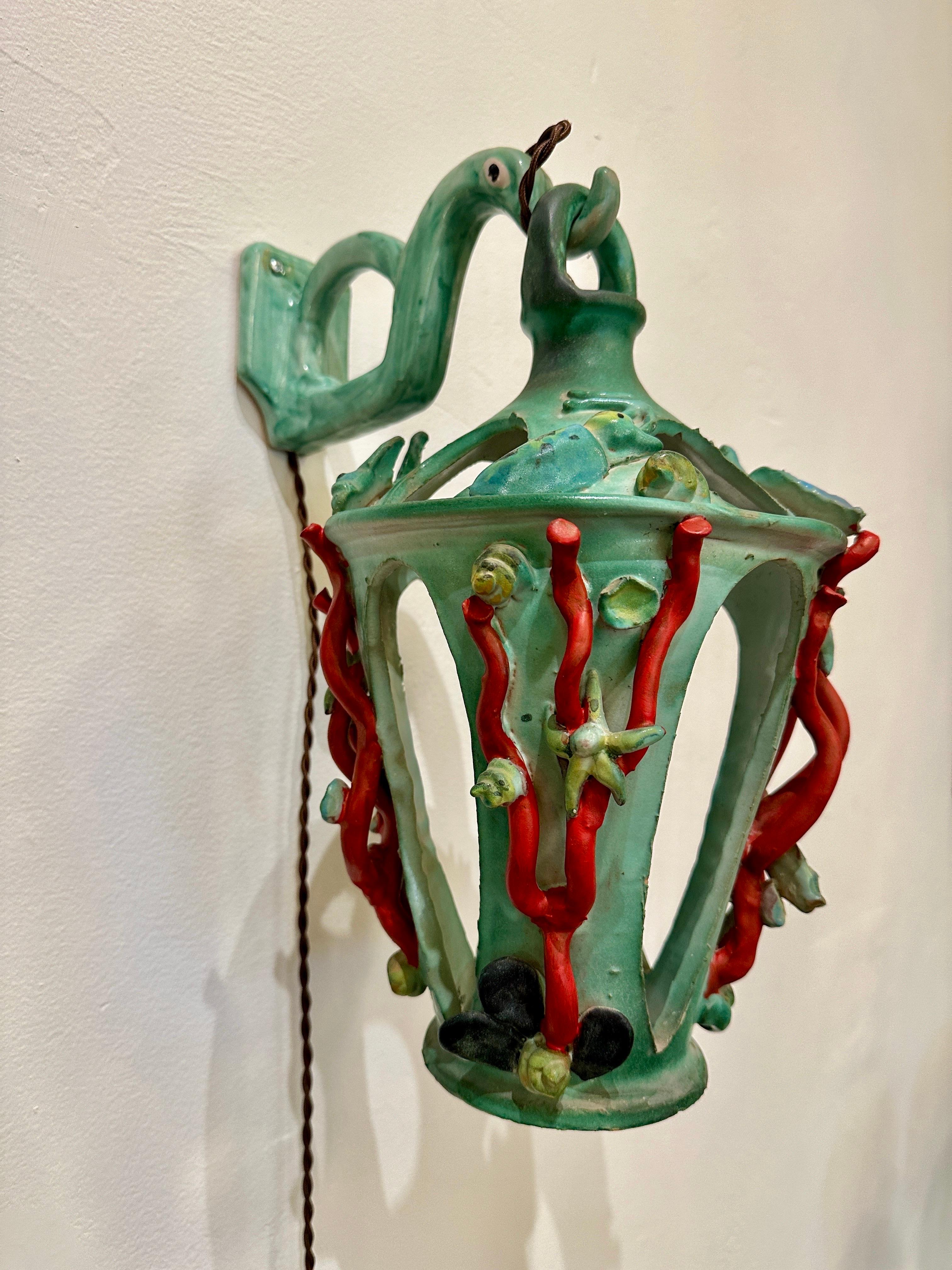 1940's Sea Life Maiolica Illuminated Lantern by C.A.S. Vietri Italy For Sale 2