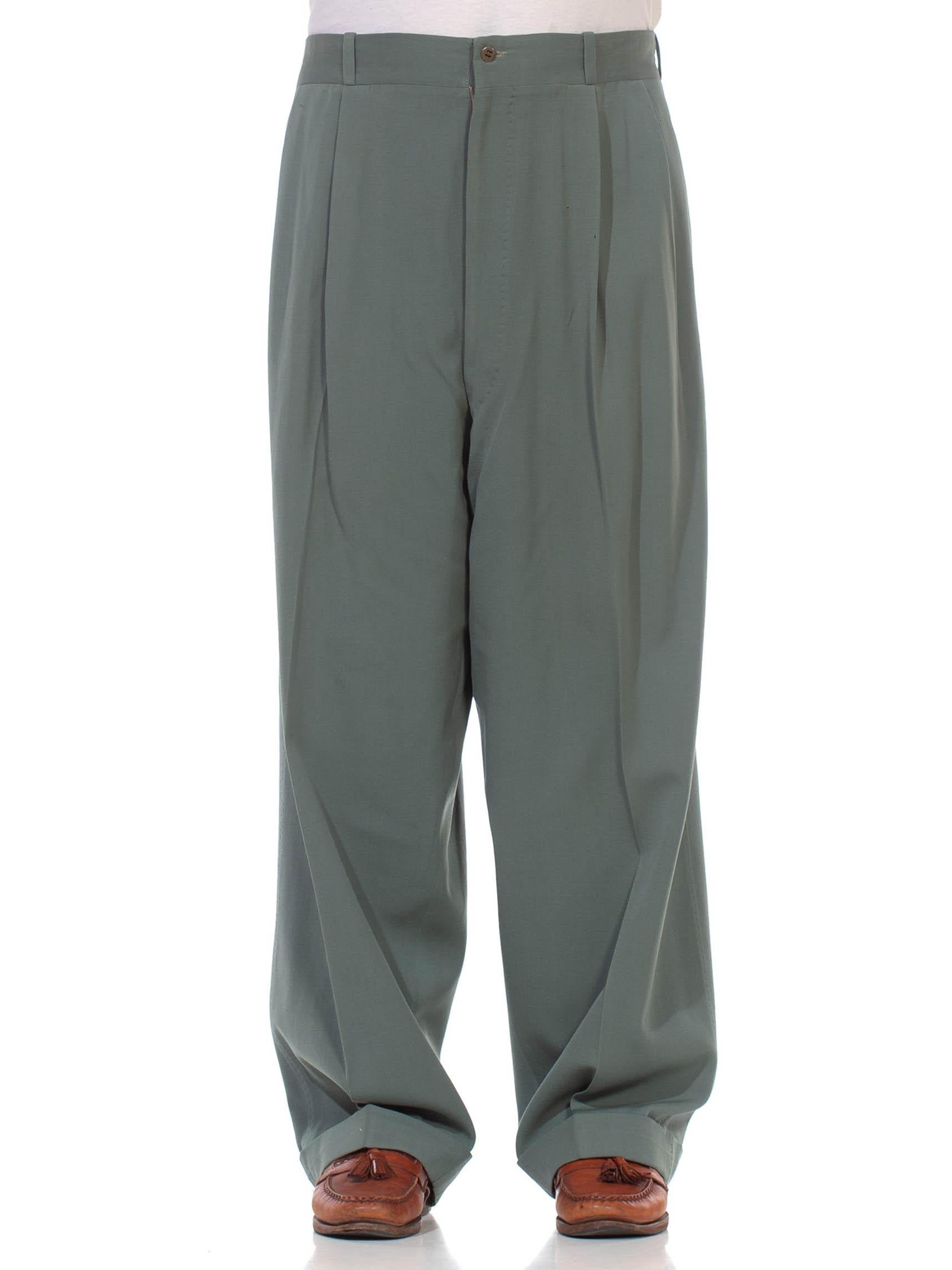 Gray 1940S Seafoam Green Wool Gabardine High Hollywood Waist Men's Pants For Sale