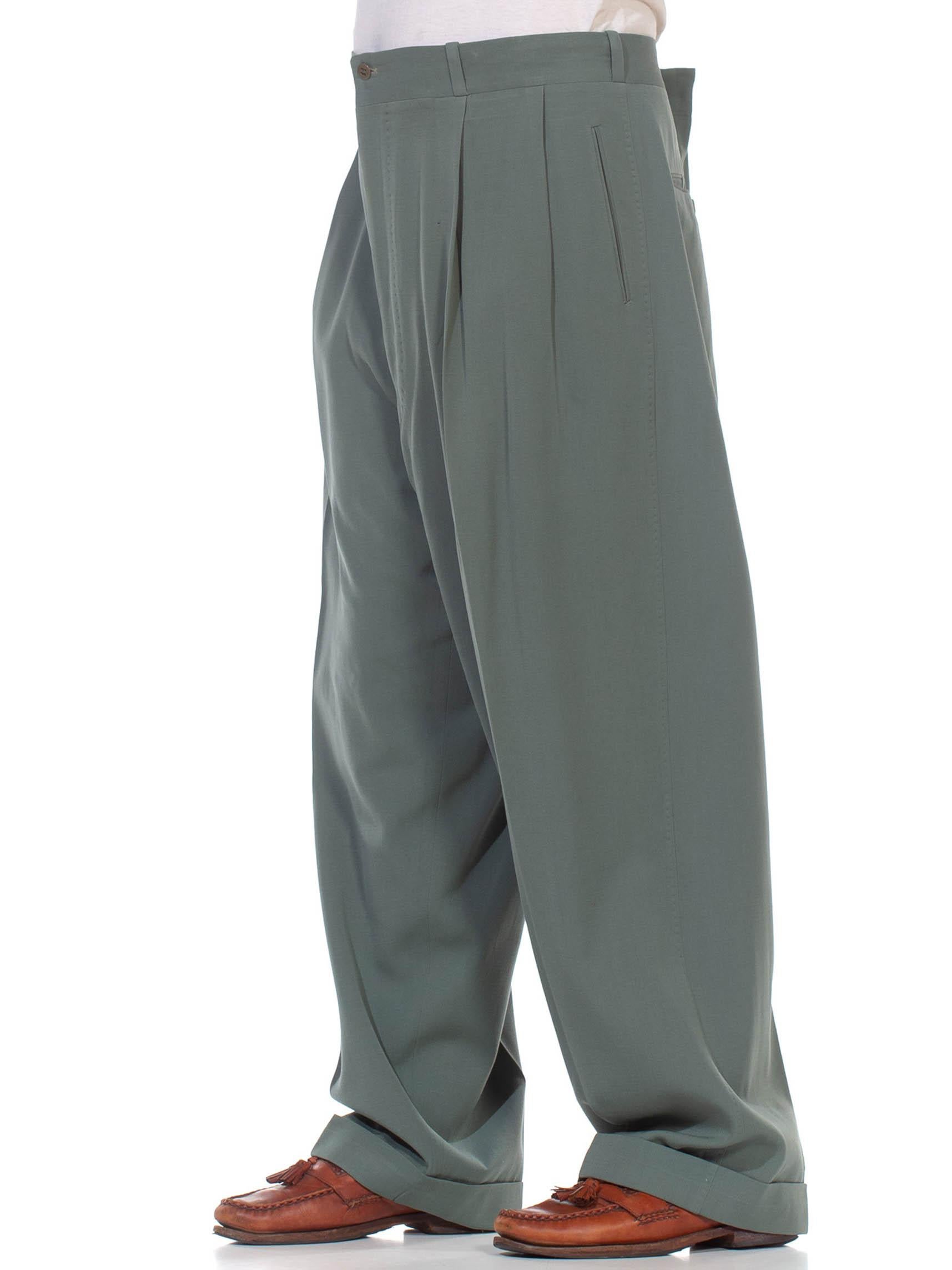 1940S Seafoam Green Wool Gabardine High Hollywood Waist Men's Pants In Good Condition For Sale In New York, NY