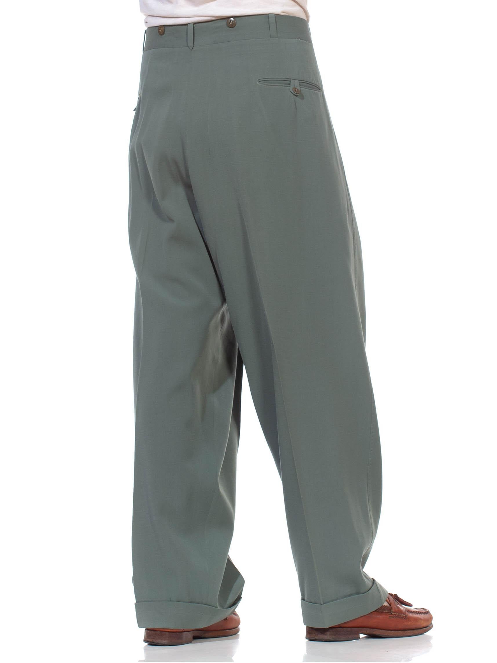 1940S Seafoam Green Wool Gabardine High Hollywood Waist Men's Pants For Sale 3