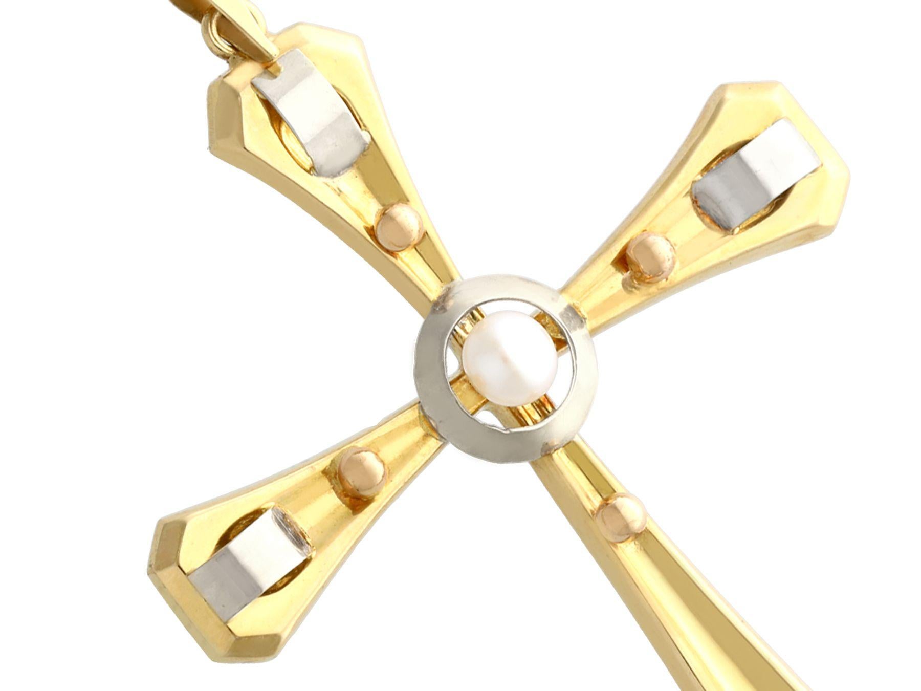 Uncut 1940s Seed Pearl and Yellow Gold Cross Pendant For Sale