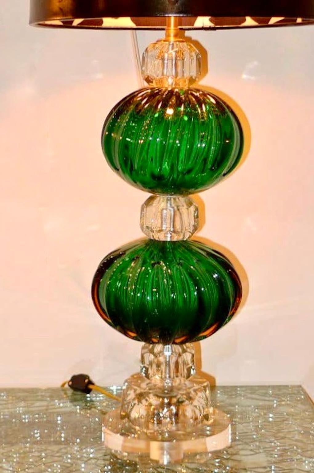 Mid-Century Modern Seguso Murano Emerald Green Glass Stacked Ball Lamp