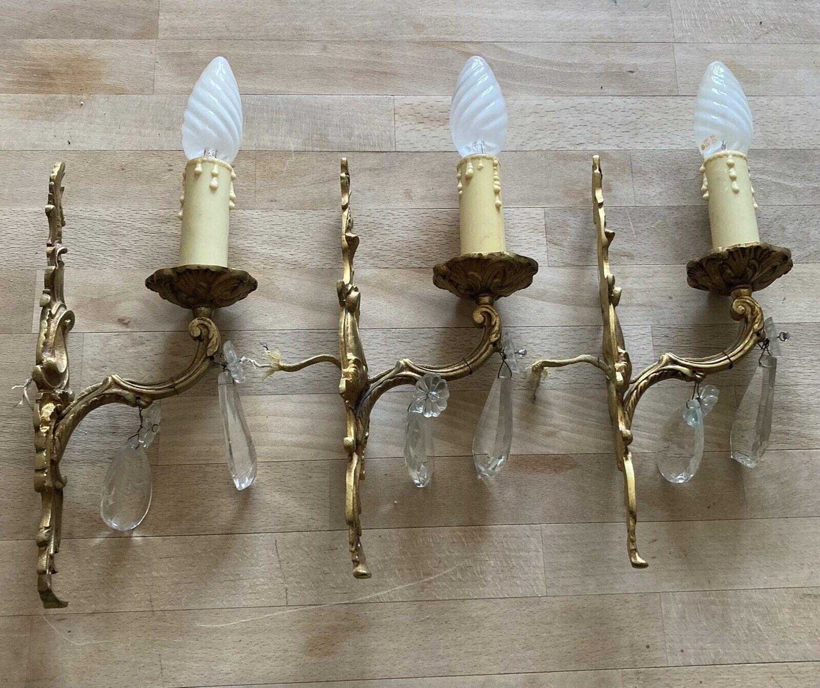 1940s Set 3 French Rococo Louis XVI style Gilt Bronzew/ Cut Crystal Wall Sconces For Sale 9