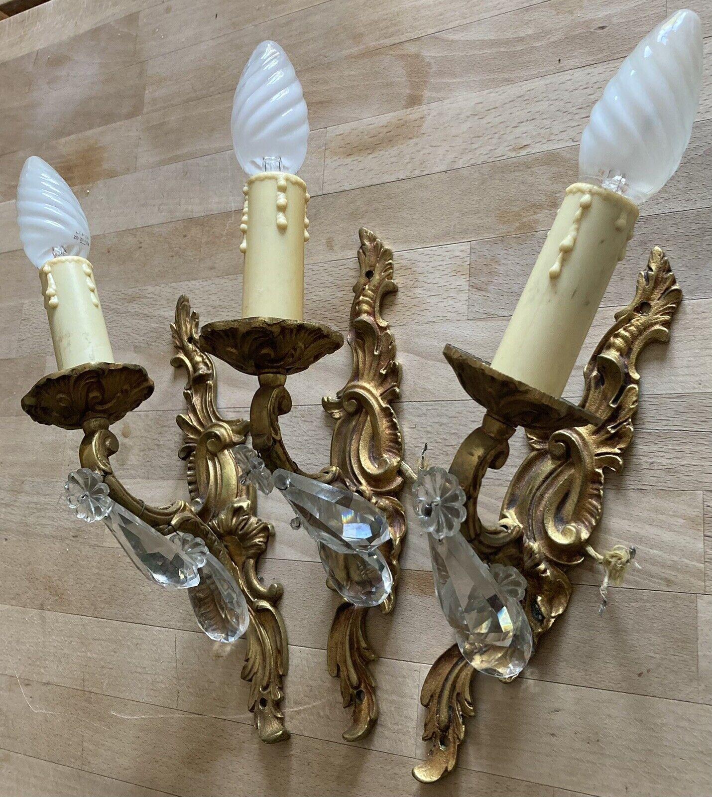 1940s Set 3 French Rococo Louis XVI style Gilt Bronzew/ Cut Crystal Wall Sconces For Sale 10