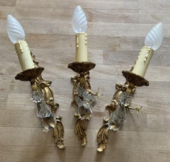 1940s Set 3 French Rococo Louis XVI style Gilt Bronzew/ Cut Crystal Wall Sconces