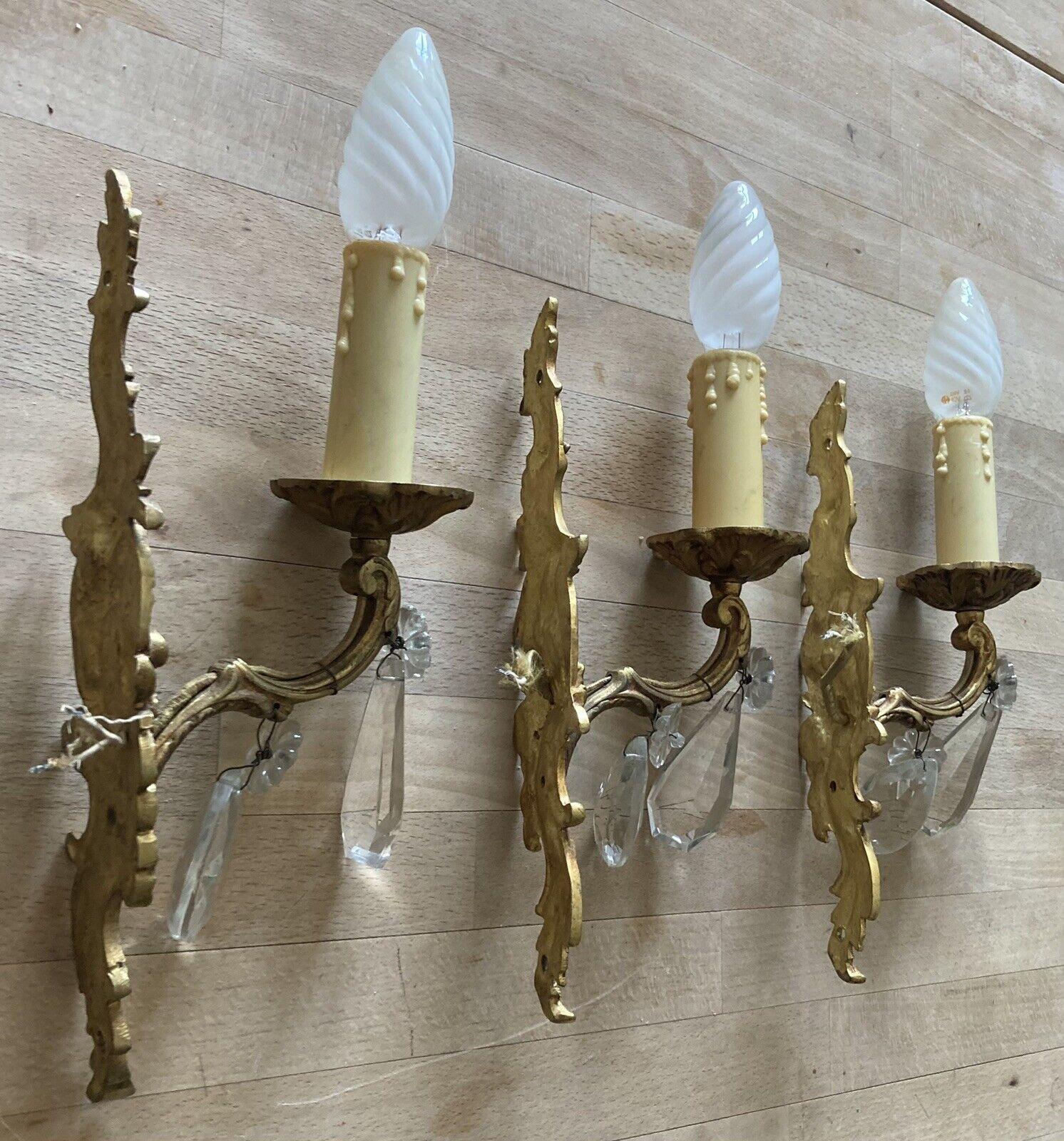1940s Set 3 French Rococo Louis XVI style Gilt Bronzew/ Cut Crystal Wall Sconces For Sale 1