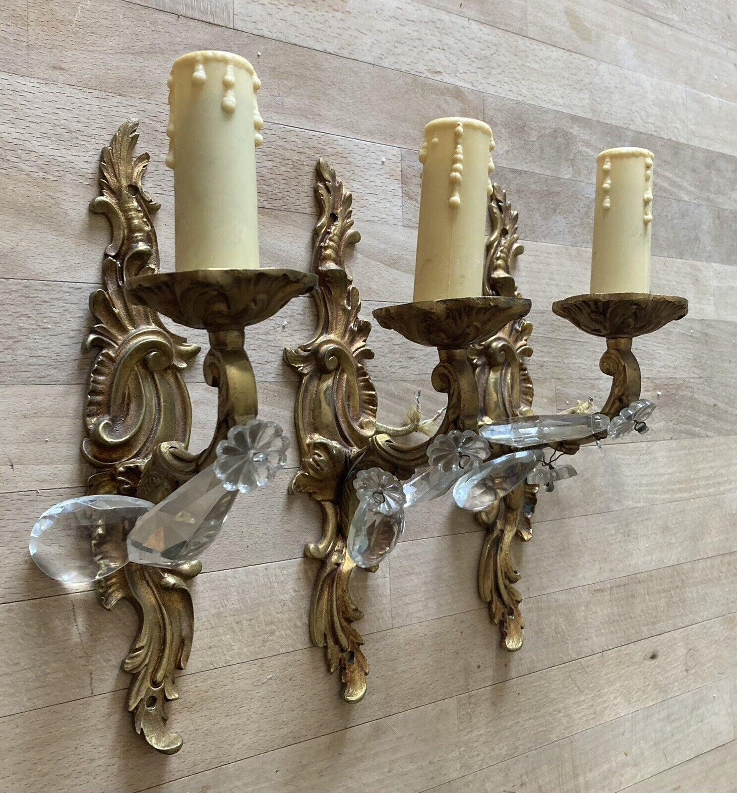 1940s Set 3 French Rococo Louis XVI style Gilt Bronzew/ Cut Crystal Wall Sconces For Sale 2