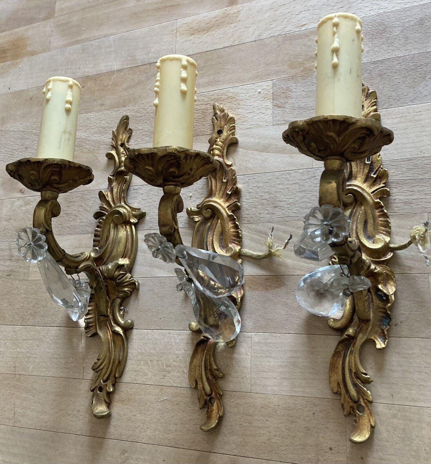 1940s Set 3 French Rococo Louis XVI style Gilt Bronzew/ Cut Crystal Wall Sconces For Sale 3