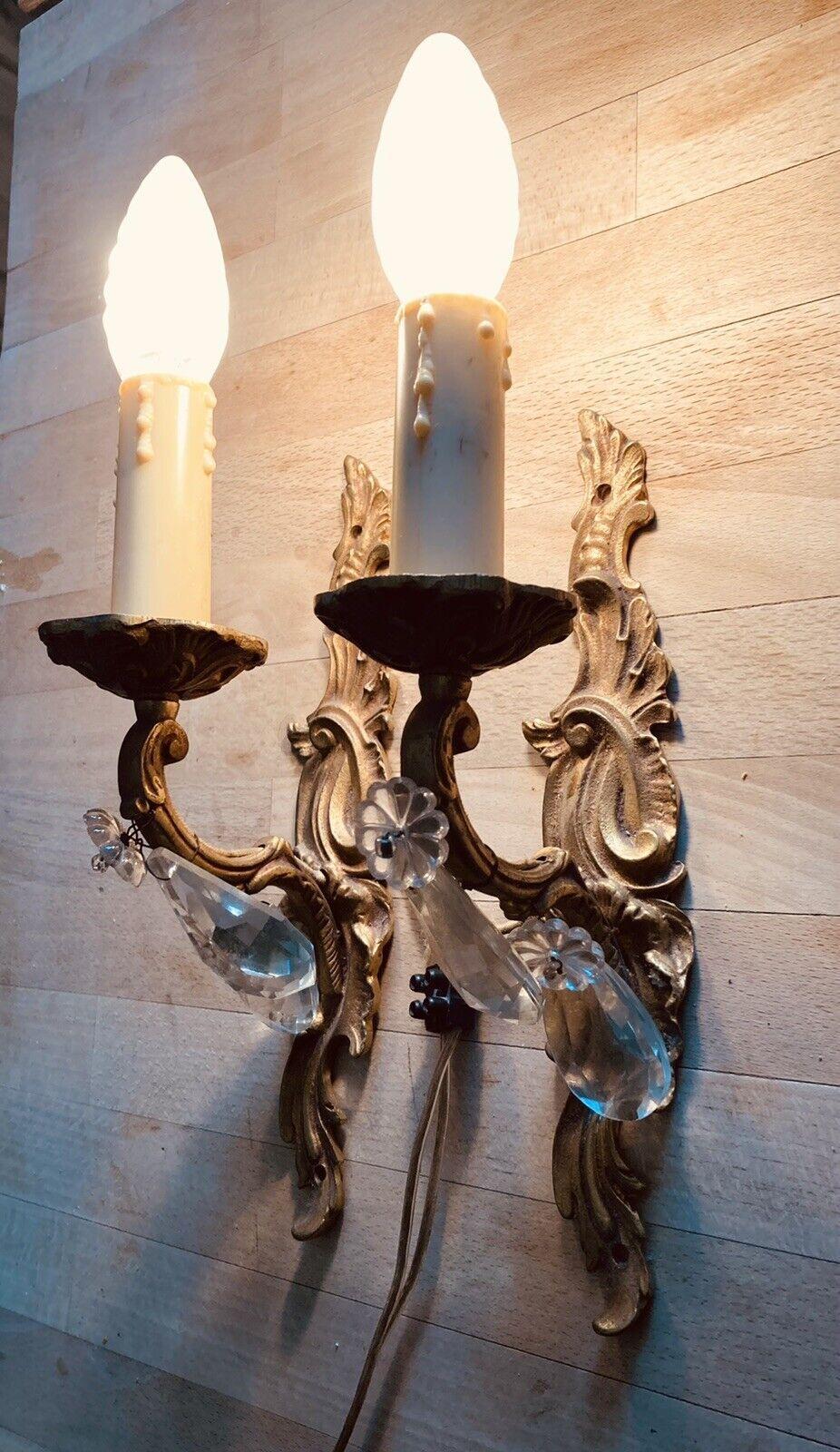 1940s Set 3 French Rococo Louis XVI style Gilt Bronzew/ Cut Crystal Wall Sconces For Sale 5