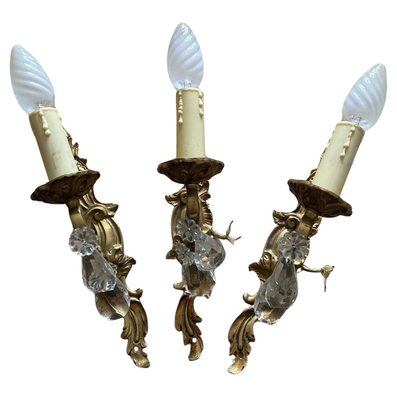 1940s Set 3 French Rococo Louis XVI style Gilt Bronzew/ Cut Crystal Wall Sconces For Sale