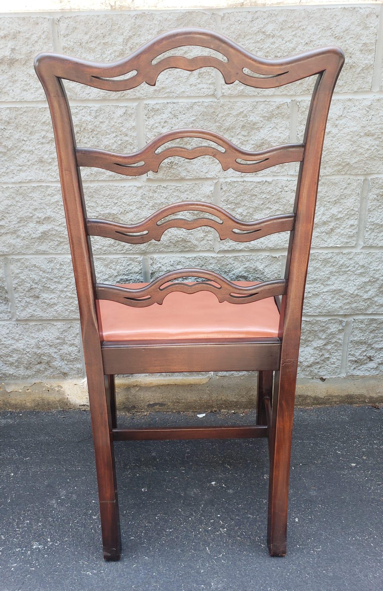 1940s Set 8 Mahogany Chippendale Pierced Ladder Back Leather Seat Dining Chairs 3
