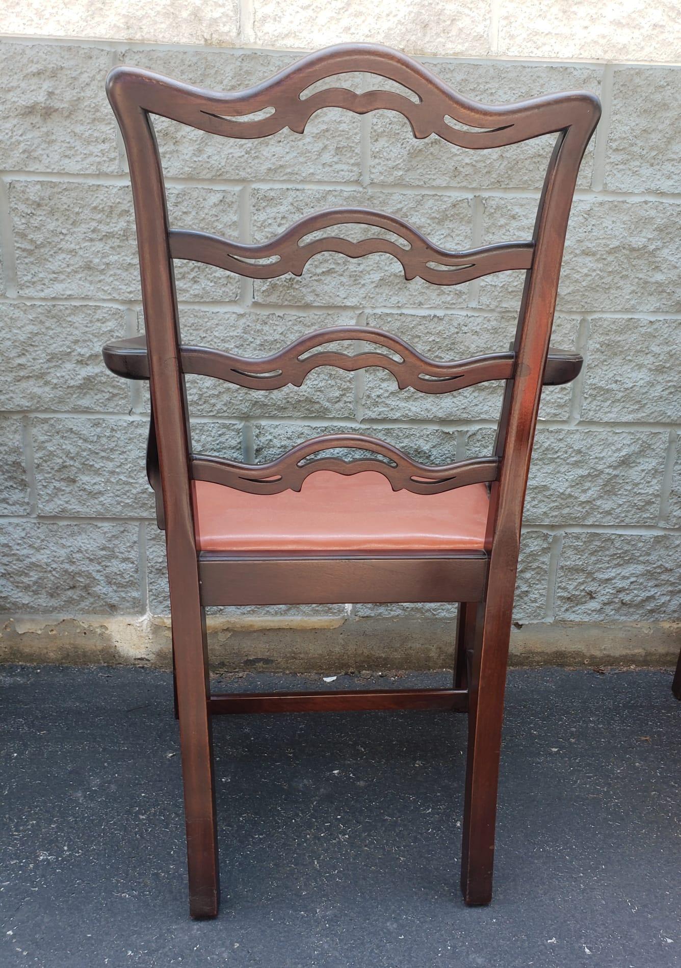 1940s Set 8 Mahogany Chippendale Pierced Ladder Back Leather Seat Dining Chairs 4
