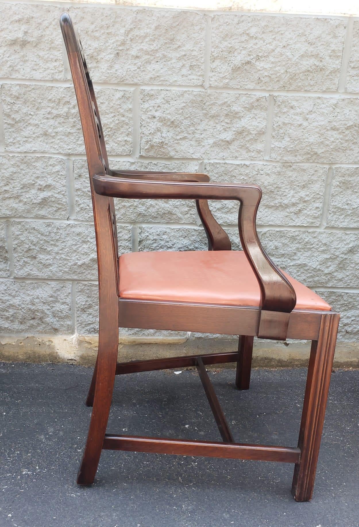 1940s Set 8 Mahogany Chippendale Pierced Ladder Back Leather Seat Dining Chairs 5