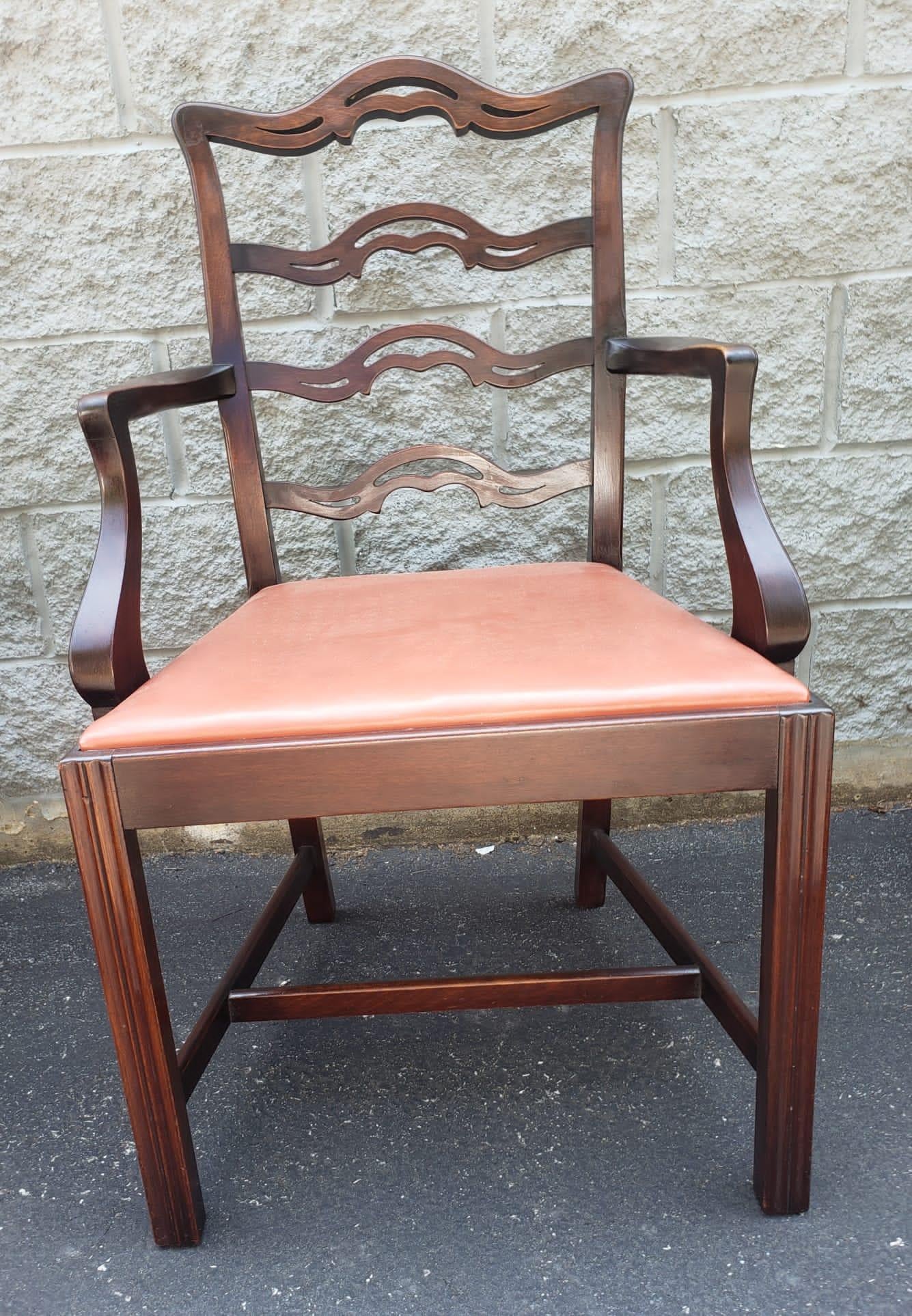 1940s Set 8 Mahogany Chippendale Pierced Ladder Back Leather Seat Dining Chairs 7