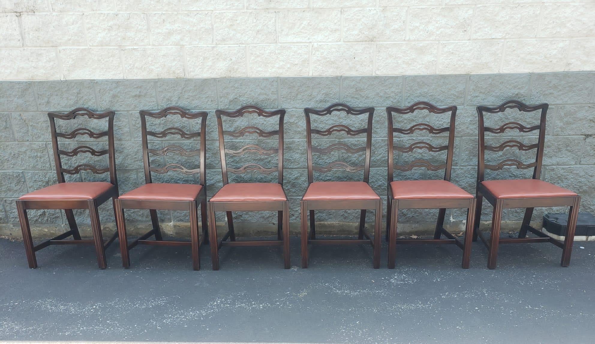 1940s Set 8 Mahogany Chippendale Pierced Ladder Back Leather Seat Dining Chairs 8