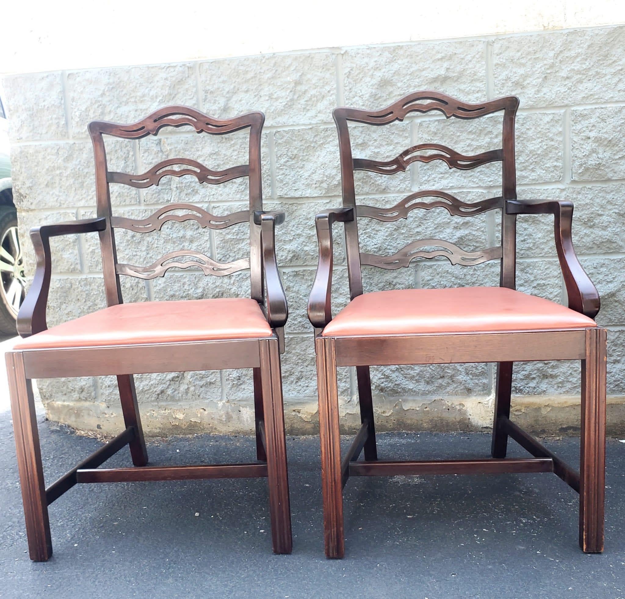 Carved 1940s Set 8 Mahogany Chippendale Pierced Ladder Back Leather Seat Dining Chairs