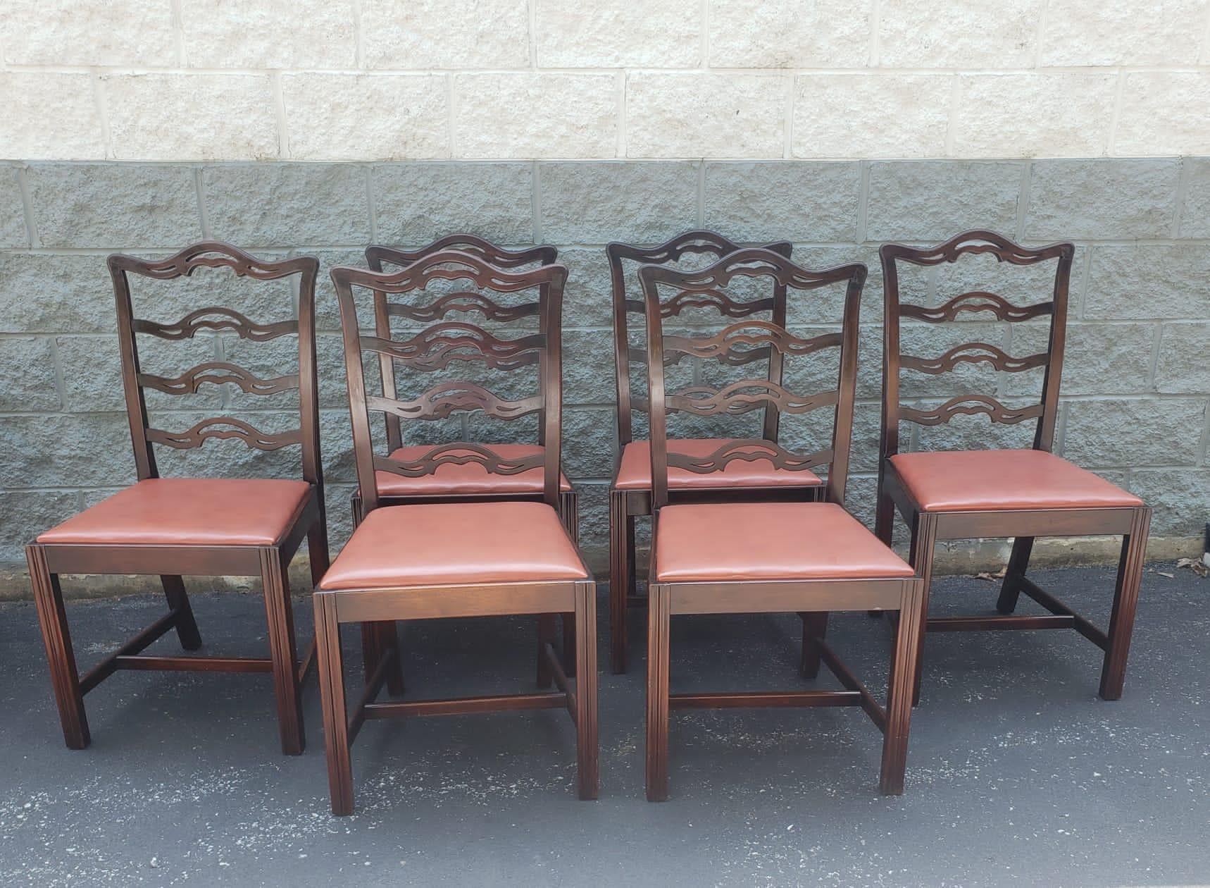 20th Century 1940s Set 8 Mahogany Chippendale Pierced Ladder Back Leather Seat Dining Chairs