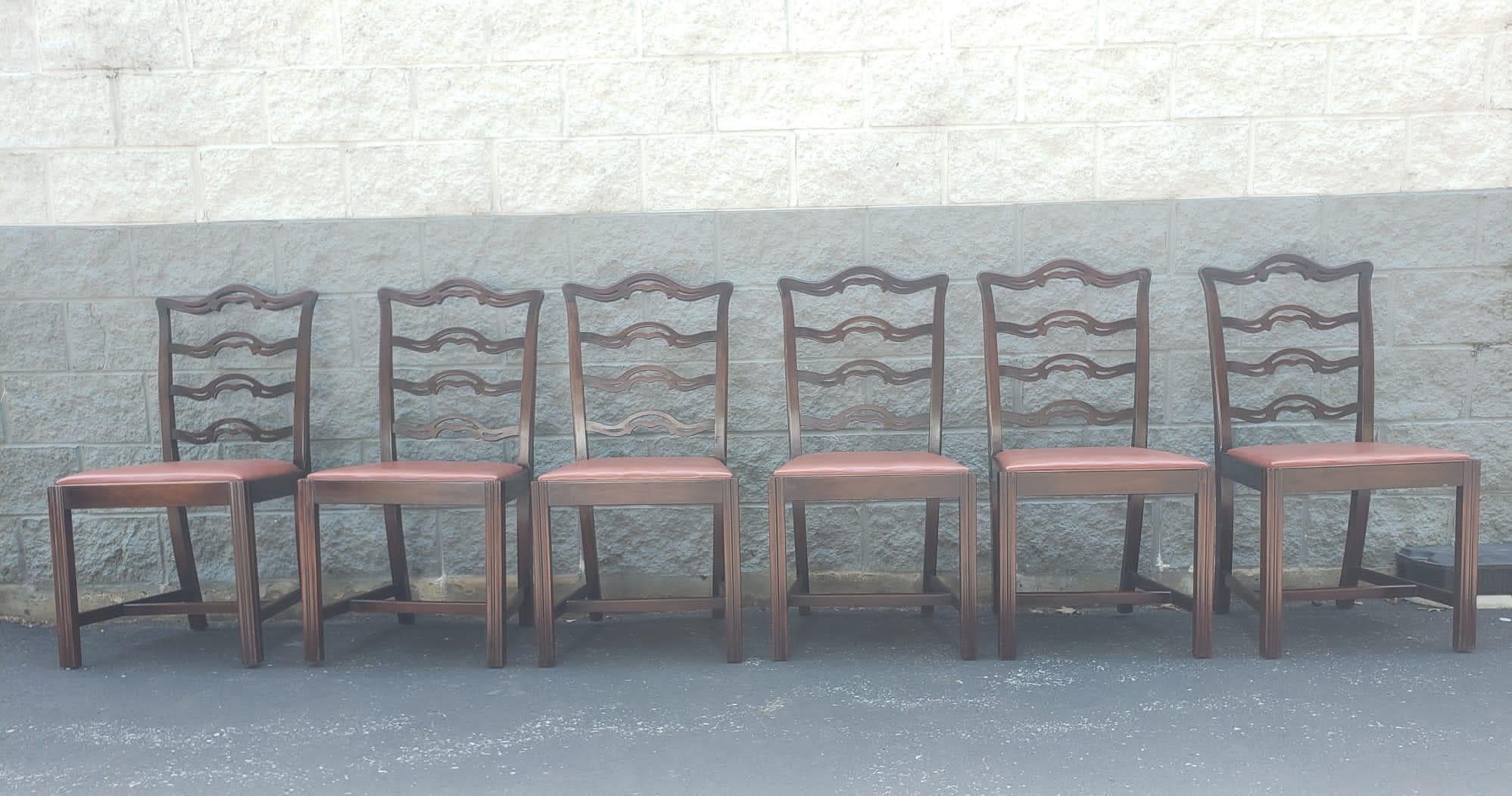 Faux Leather 1940s Set 8 Mahogany Chippendale Pierced Ladder Back Leather Seat Dining Chairs