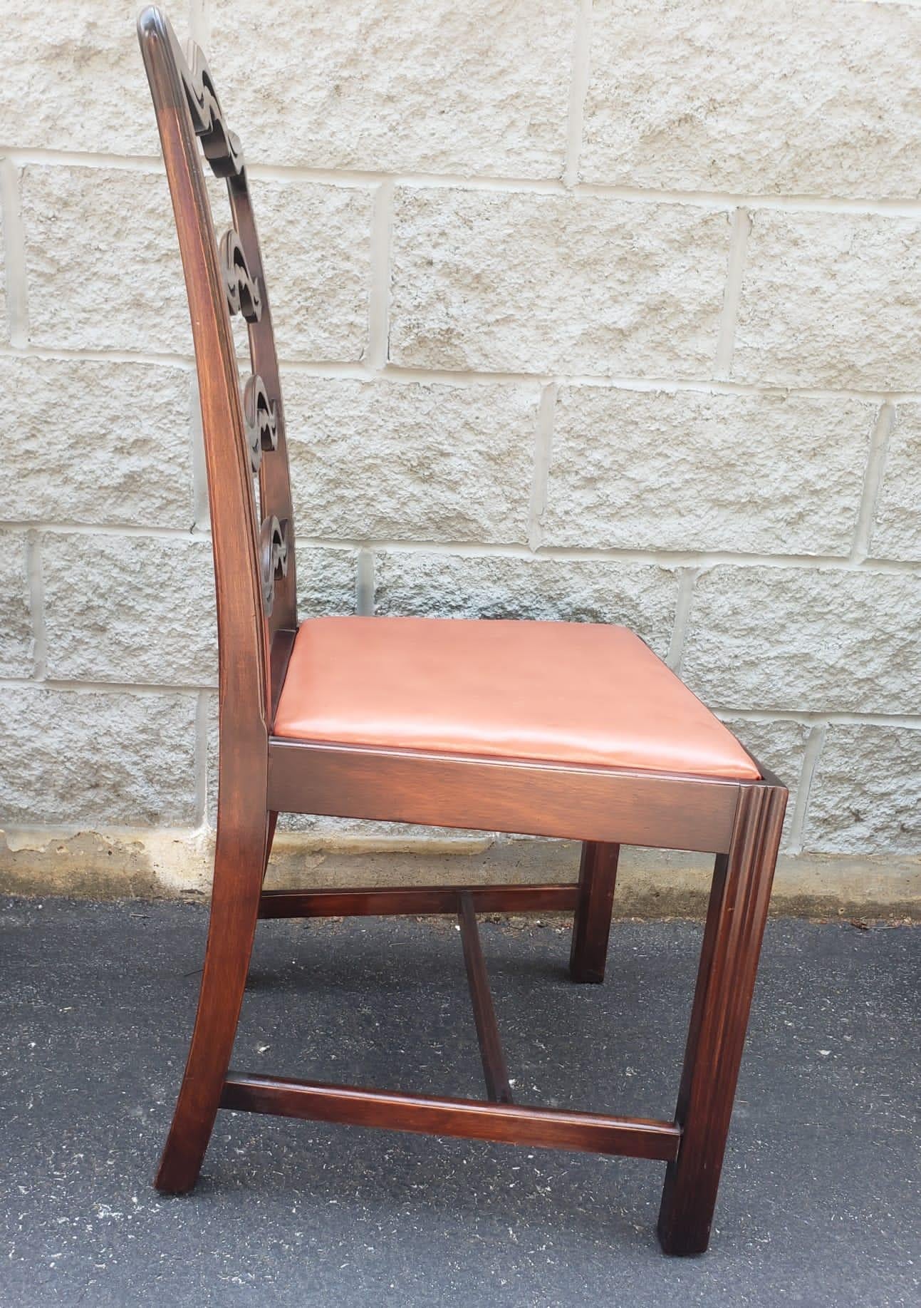 1940s Set 8 Mahogany Chippendale Pierced Ladder Back Leather Seat Dining Chairs 2