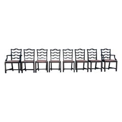 1940s Set 8 Mahogany Chippendale Pierced Ladder Back Leather Seat Dining Chairs