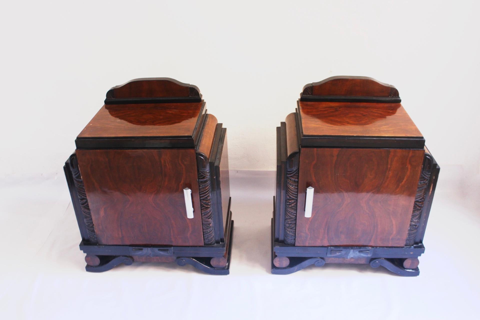 Mid-20th Century 1940s Set of 2 Art Deco Spanish Walnut Nightstands