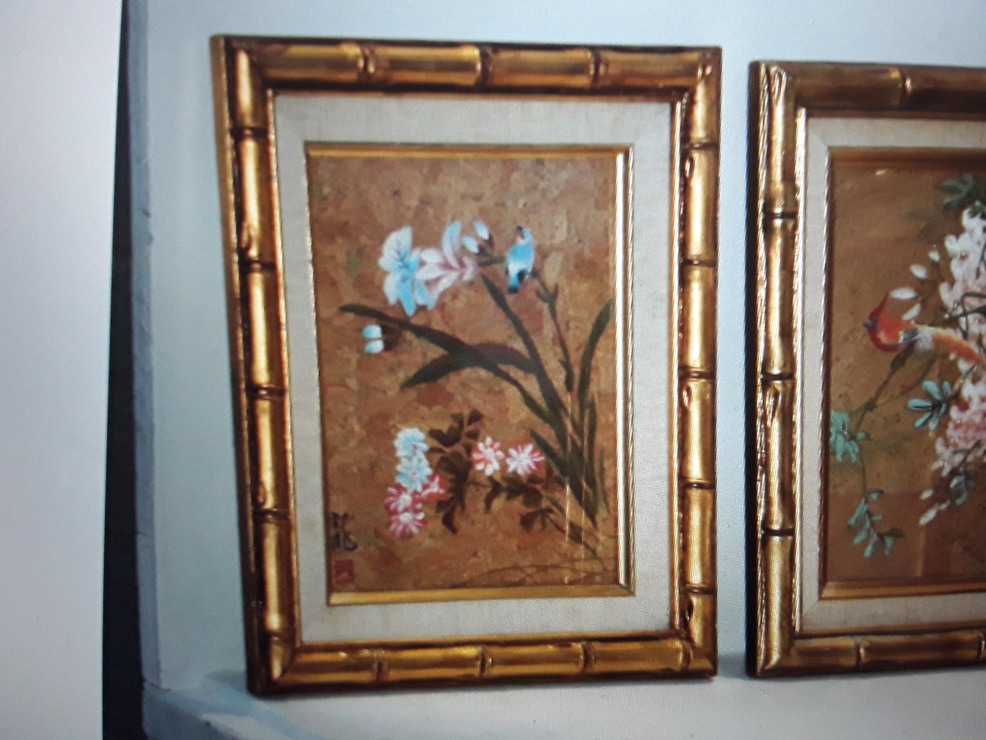 Ensemble de 4 fleurs et oiseaux peints par un artisan de style Hollywood Regency, années 1940 en vente 3