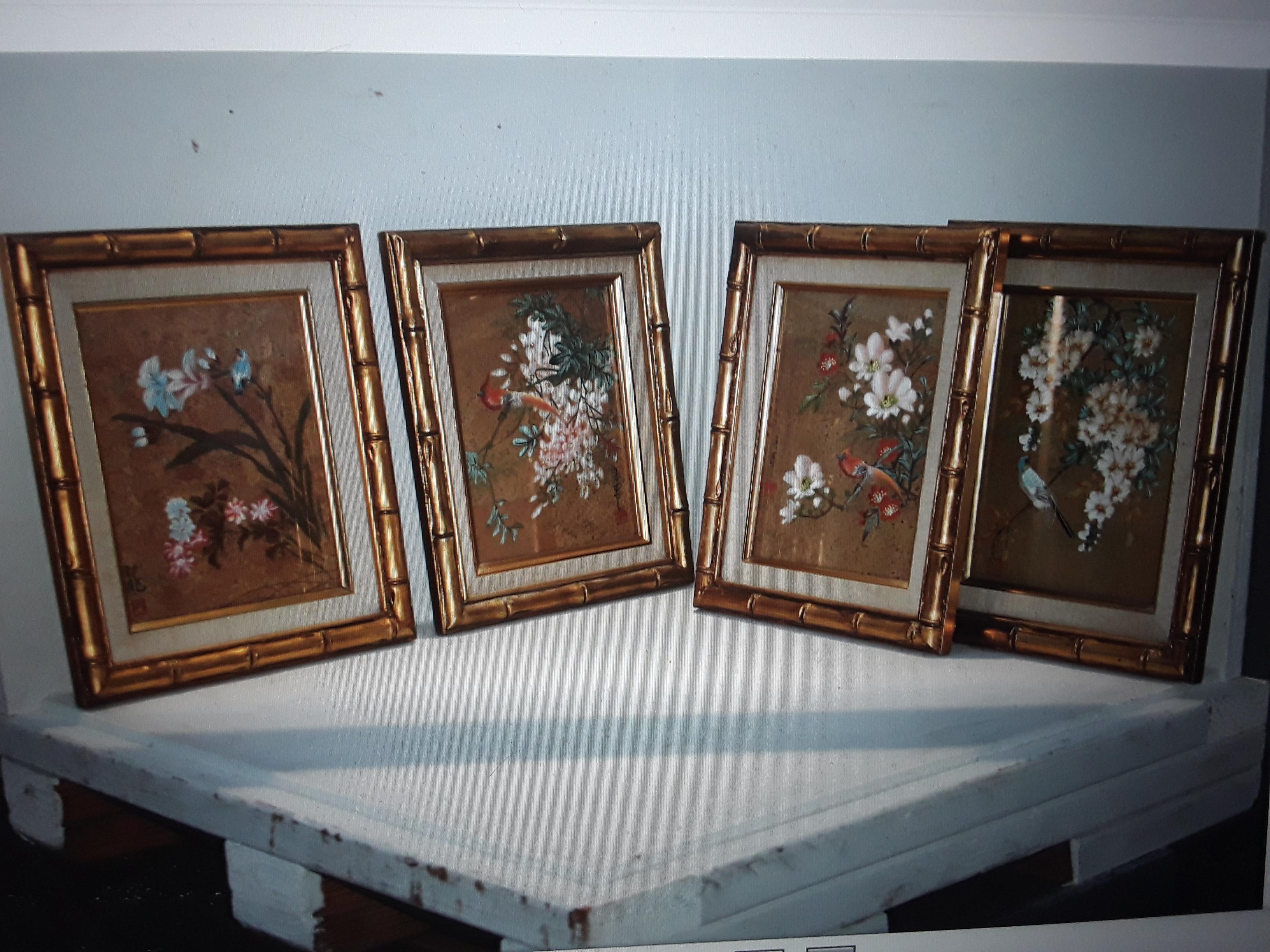 1940's Set of 4 Hollywood Regency Artisan Painted Flowers and Birds Orientaliste For Sale 4