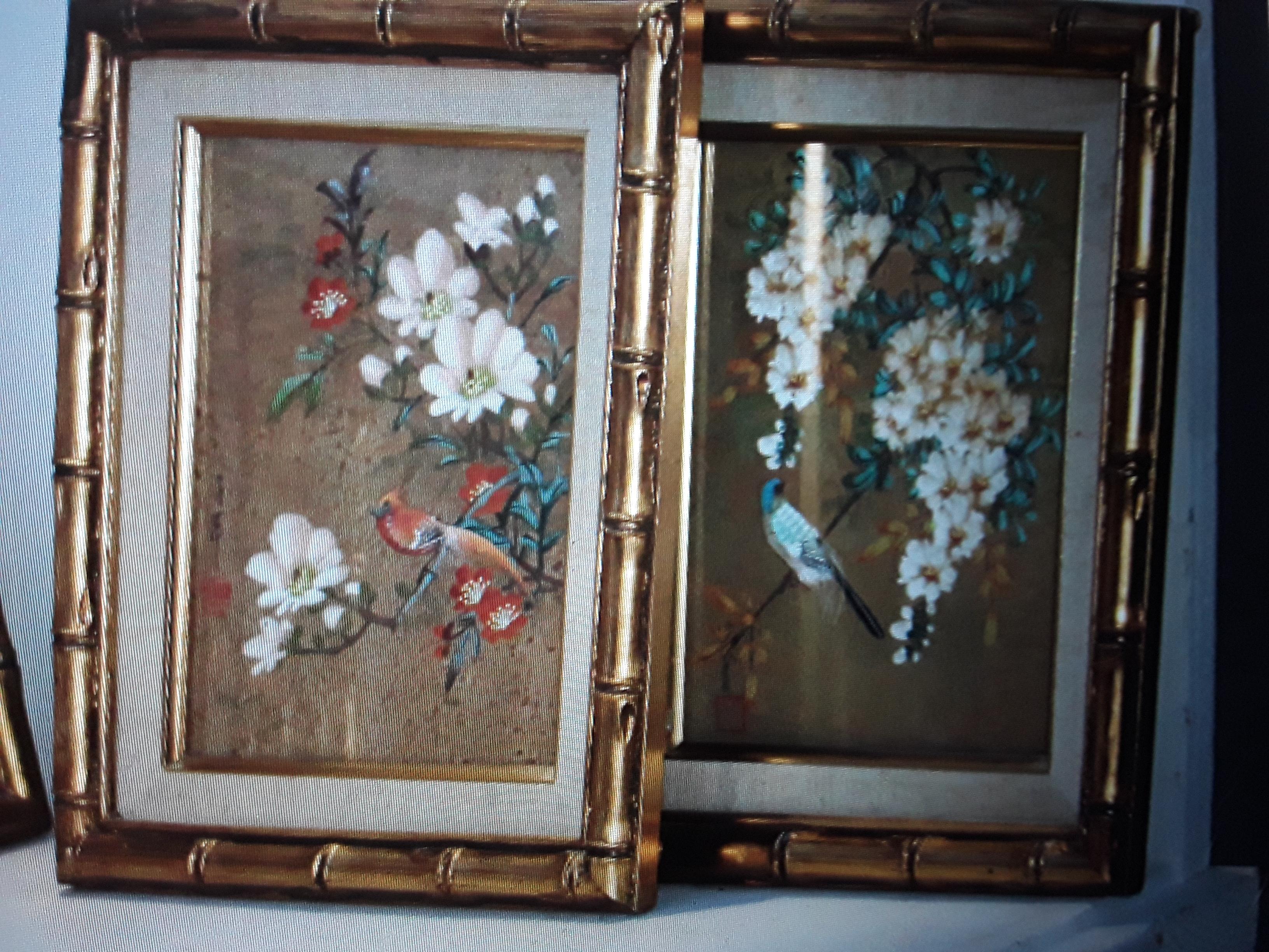 1940's Set of 4 Hollywood Regency Artisan Painted Flowers and Birds Orientaliste For Sale 5