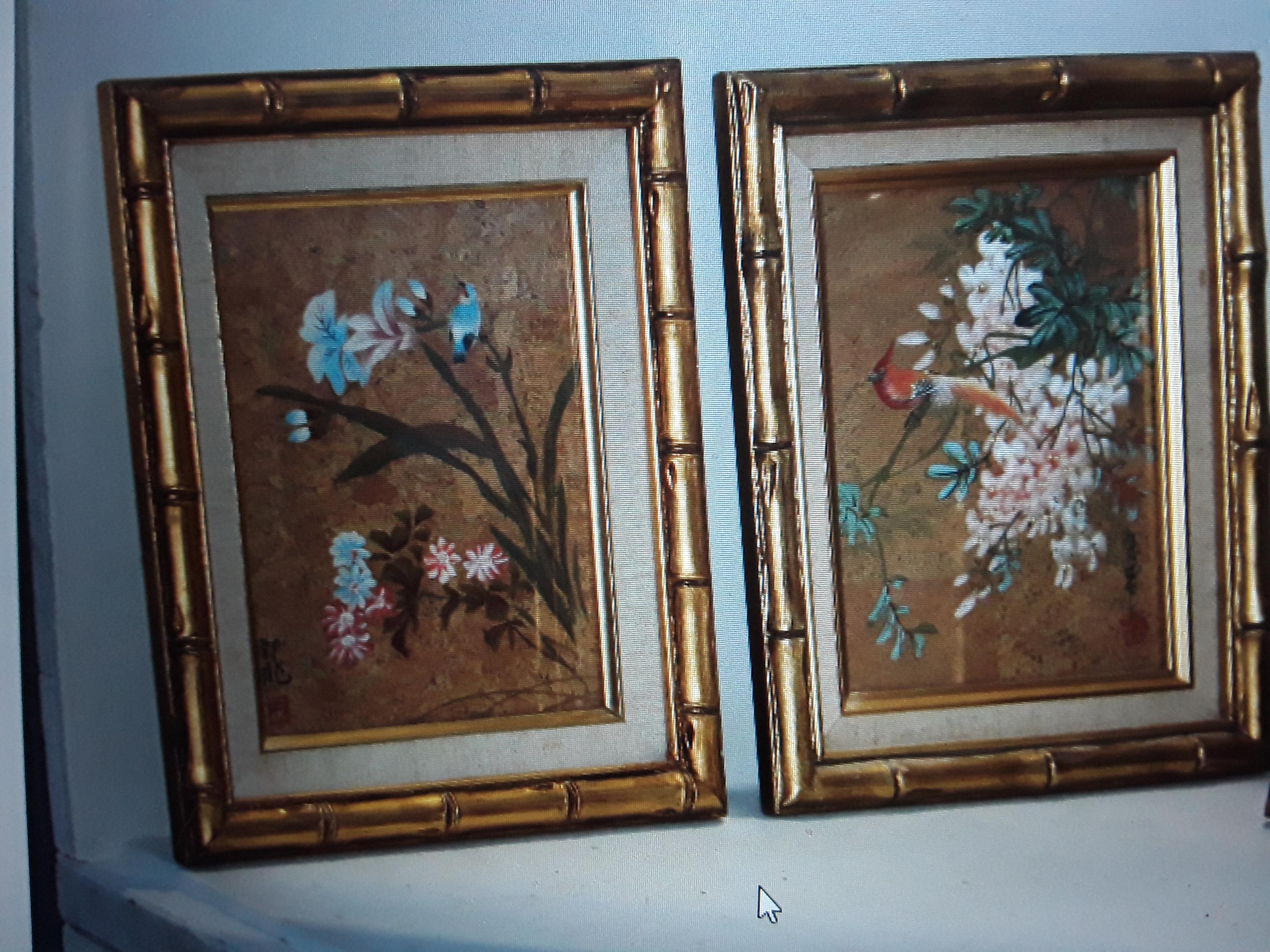 1940's Set of 4 Hollywood Regency Artisan Painted Flowers and Birds Orientaliste For Sale 6