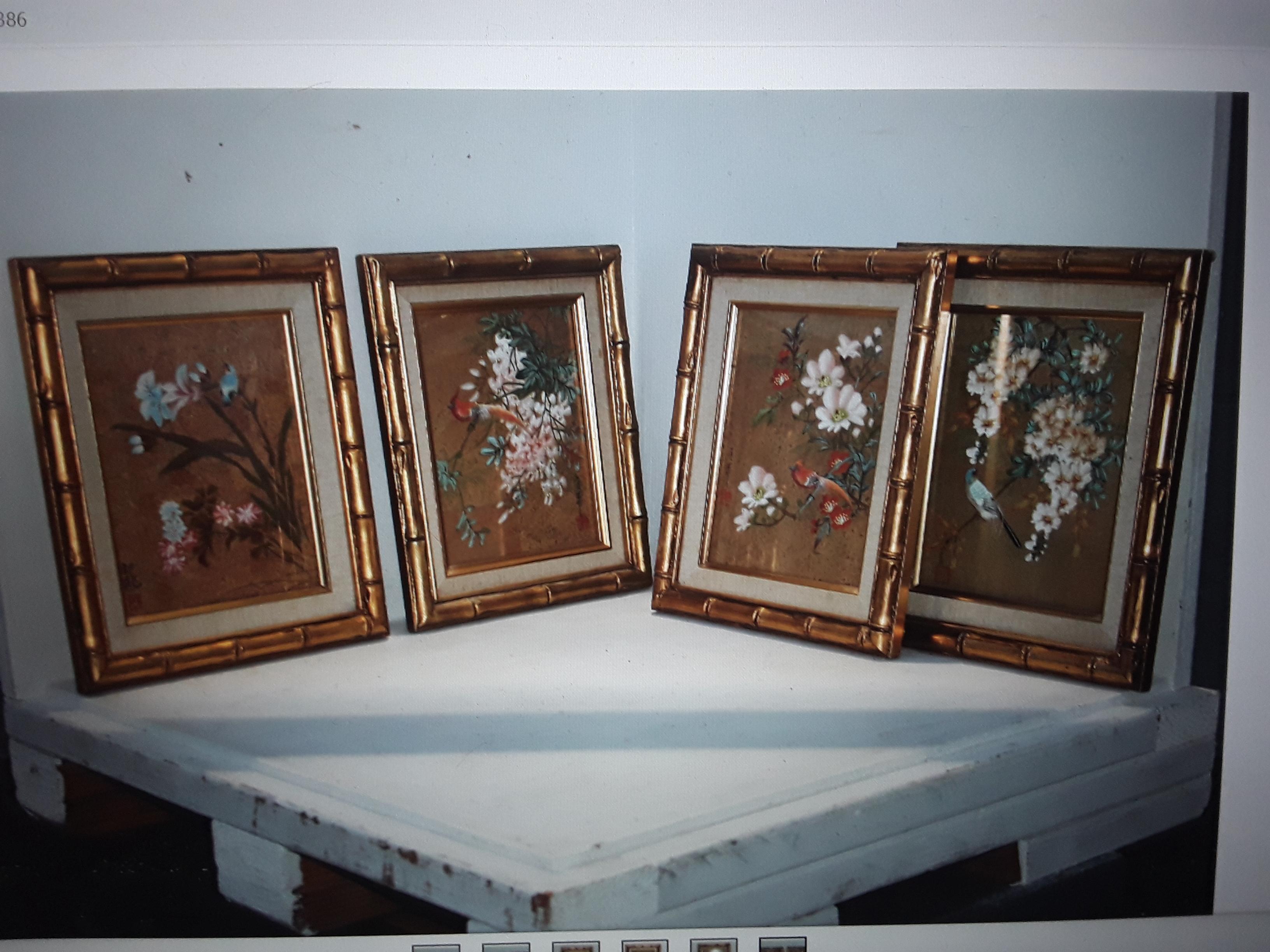 Set of 4 -1940's Asian Hollywood Regency Period Artisan Hand Painted [on a gilt cork ground] .Flowers and Birds depicted. These are beautiful and the set is framed with gilt faux Bamboo.