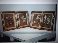 1940's Set of 4 Hollywood Regency Artisan Painted Flowers and Birds Orientaliste