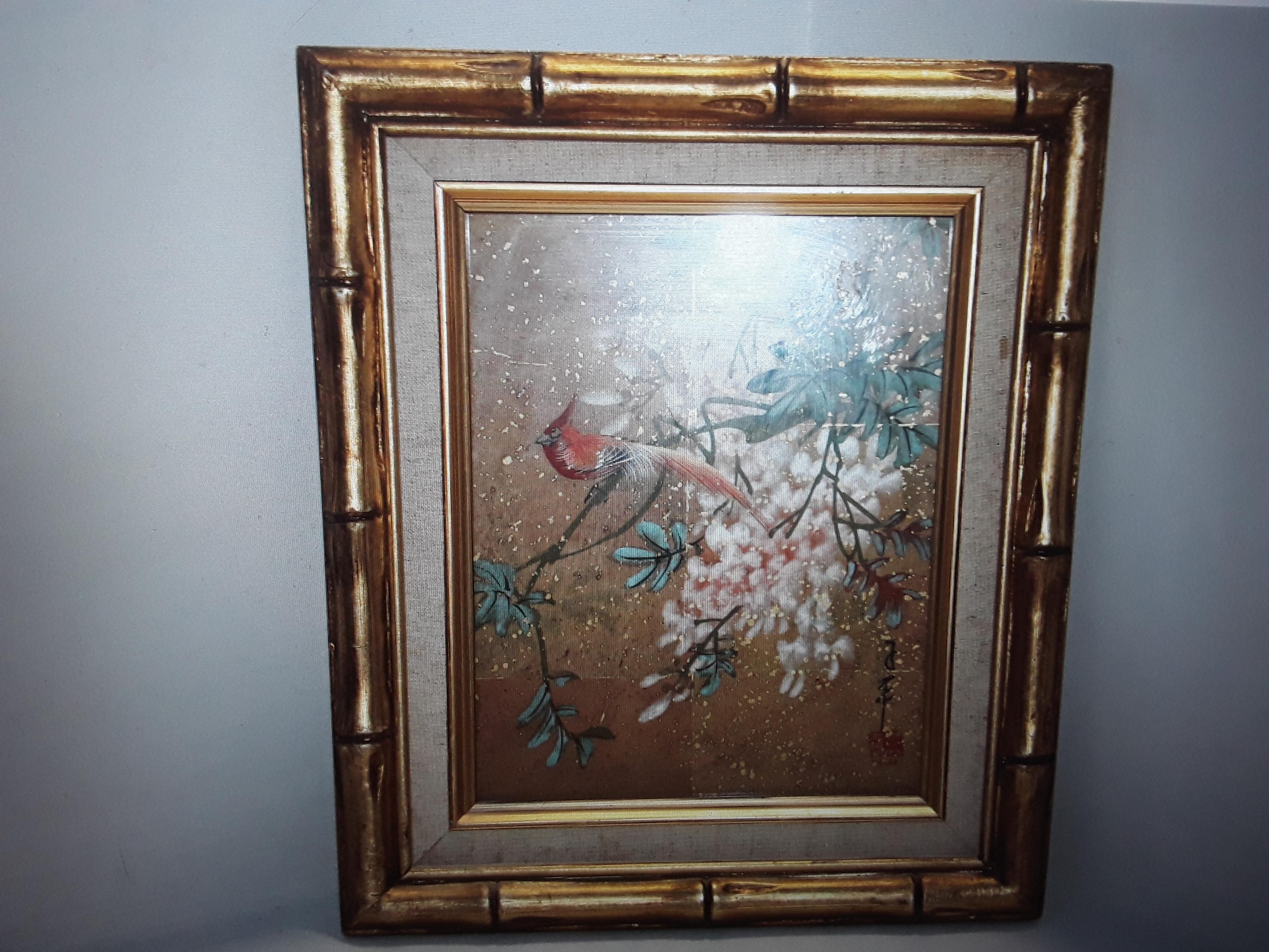 Peint à la main Ensemble de 4 fleurs et oiseaux peints par un artisan de style Hollywood Regency, années 1940 en vente