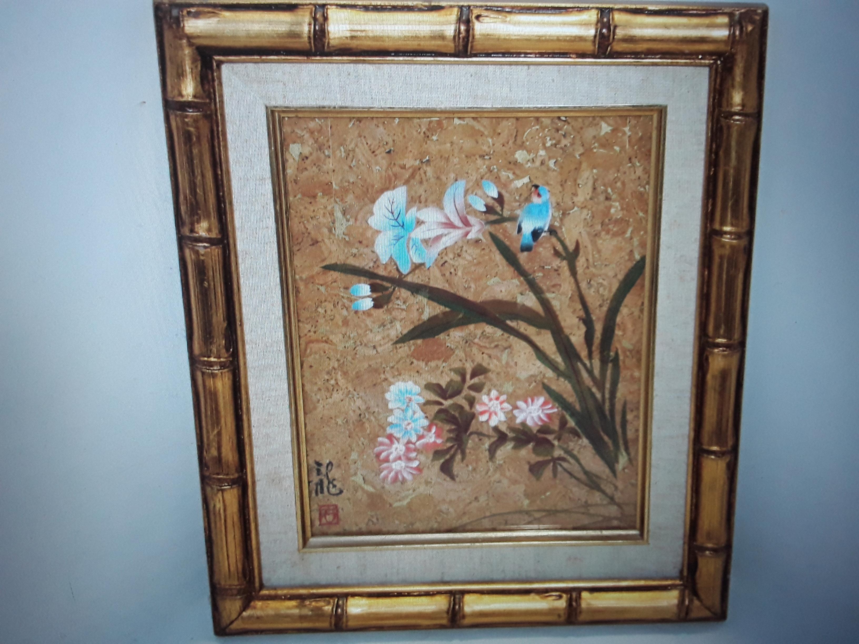 1940's Set of 4 Hollywood Regency Artisan Painted Flowers and Birds Orientaliste In Good Condition For Sale In Opa Locka, FL