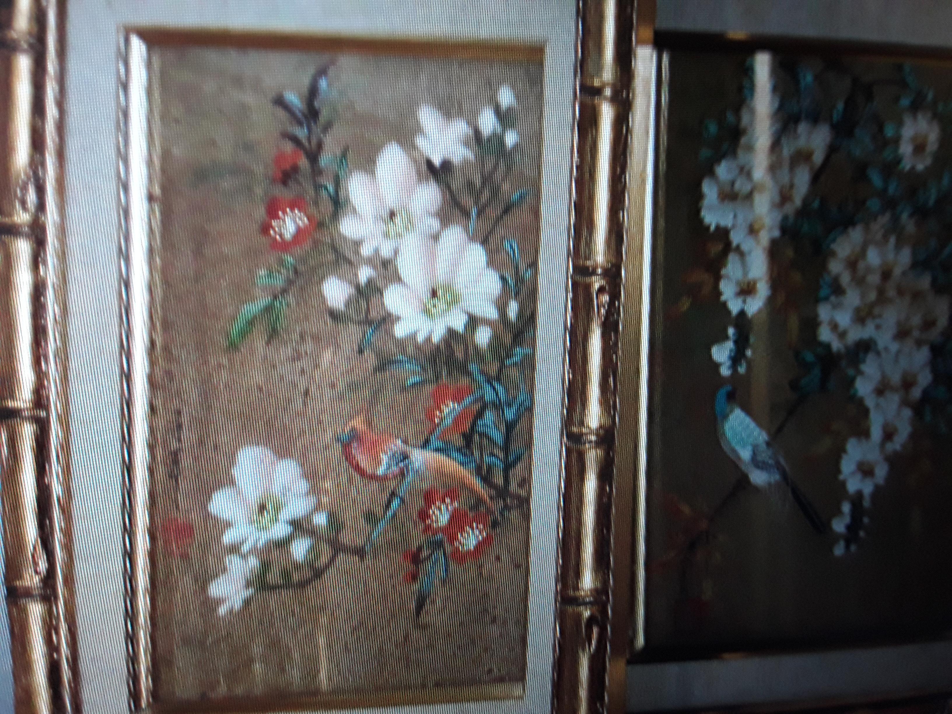 Ensemble de 4 fleurs et oiseaux peints par un artisan de style Hollywood Regency, années 1940 en vente 1