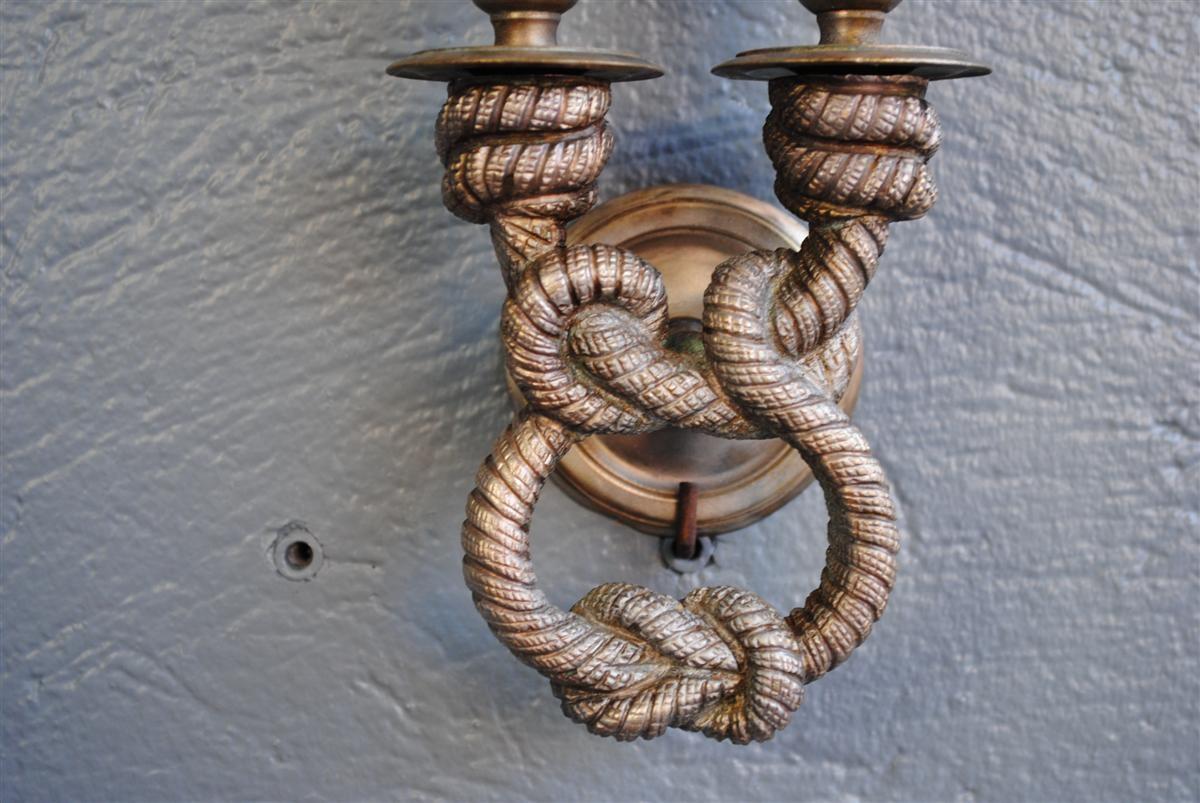 Silvered 1940s Set of 4 Silver Plated Bronze Rope Wall Sconces For Sale